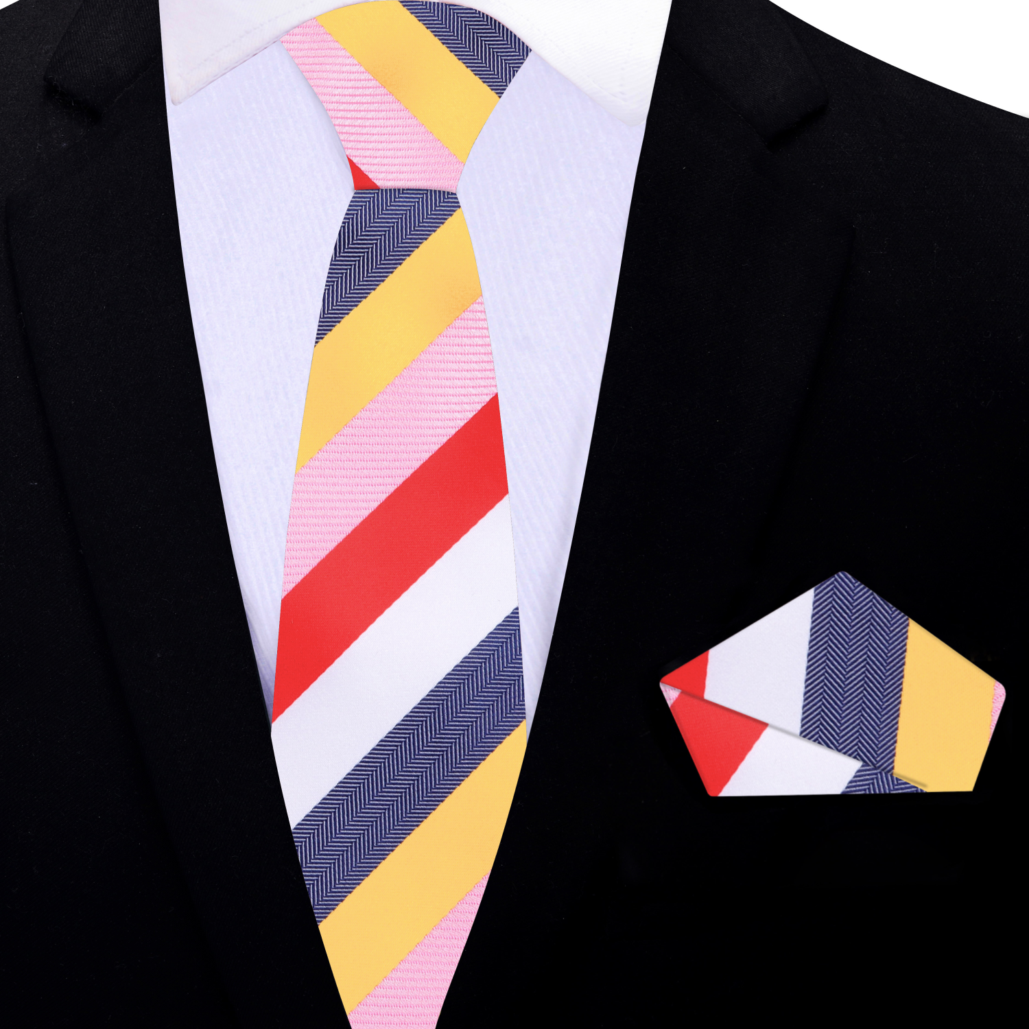 Thin Yellow Pink Red Stutter Step Stripe Tie and Square