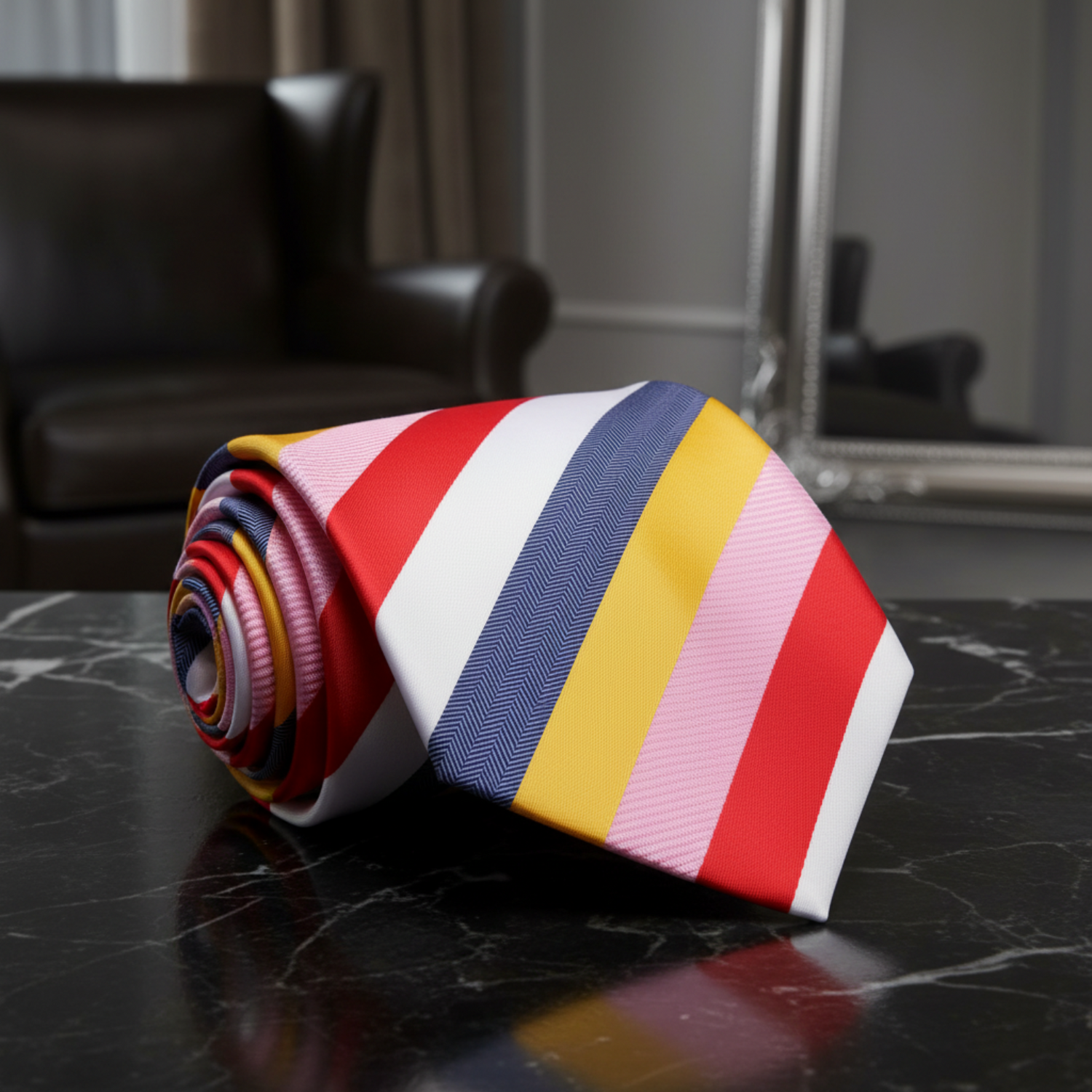 Colorful striped tie on a marble background
