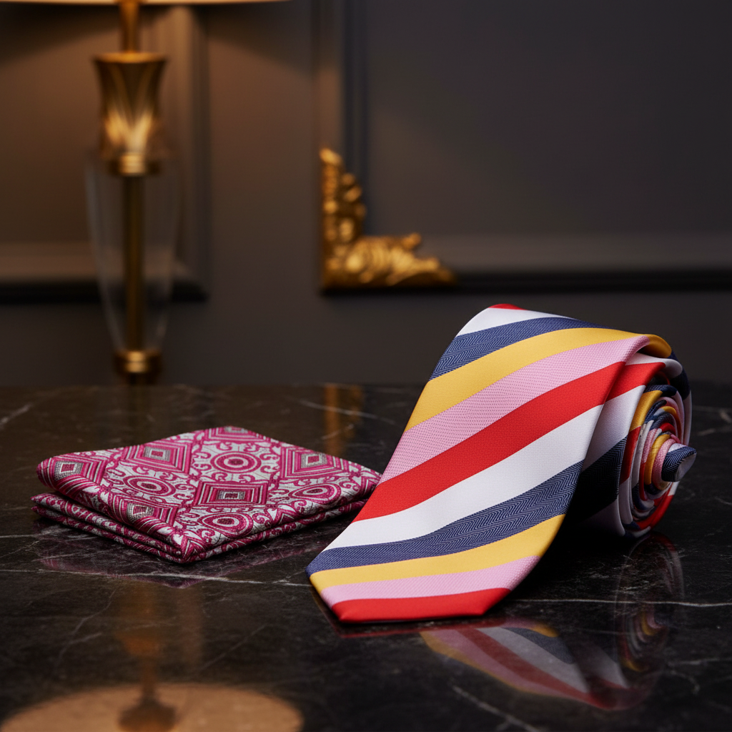 Alt Yellow, White, Pink, Red Stripe Necktie and Accenting Pink Geometric Square