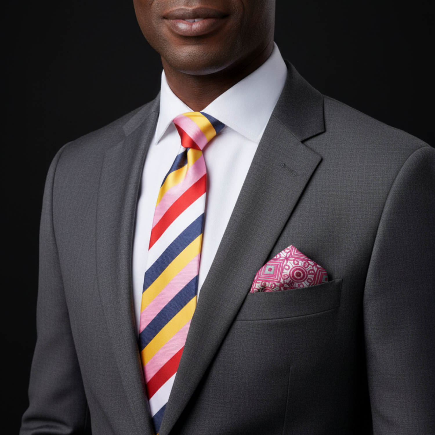 Man wearing a gray suit with a colorful striped tie and patterned pocket square on a black background