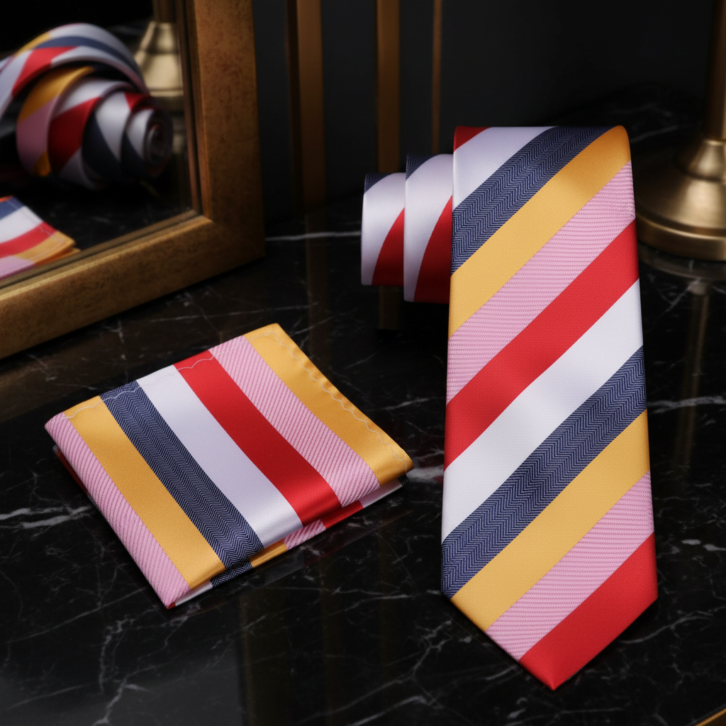 Alt Yellow Pink Red Stutter Step Stripe Tie and Square