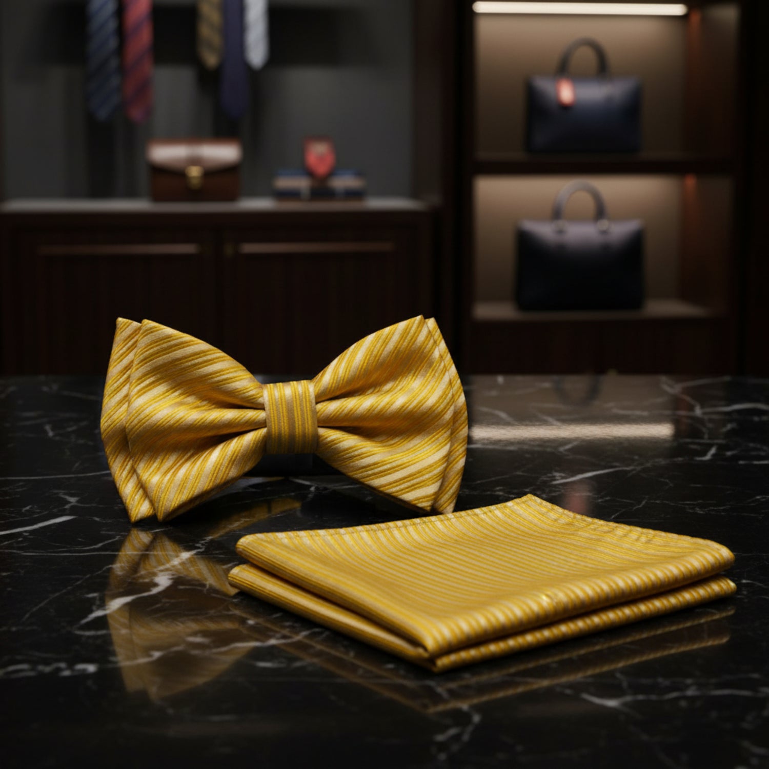 A yellow and white striped bow tie and matching pocket square set, displayed on a clean white background.
