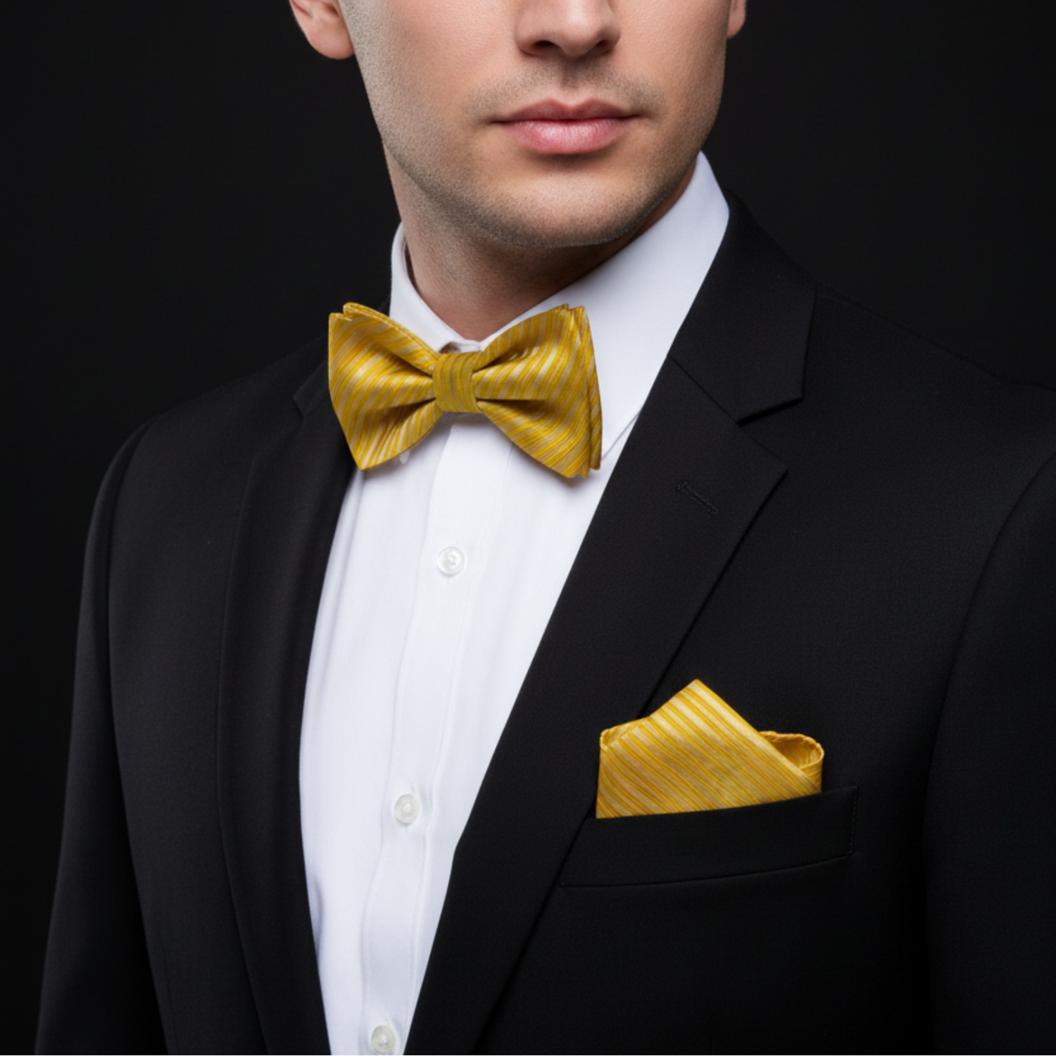 Man wearing a black tuxedo with a gold bow tie and pocket square on a black background
