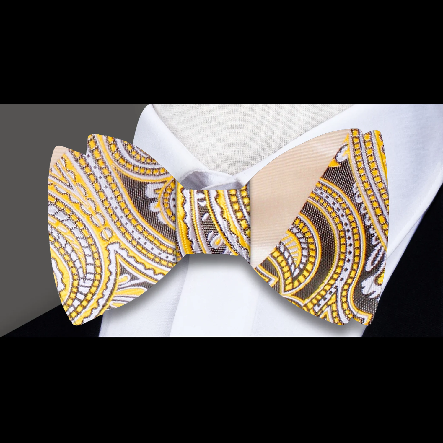 A Light Yellow, Shortbread Paisley and Stripe Pattern Self Bow Tie