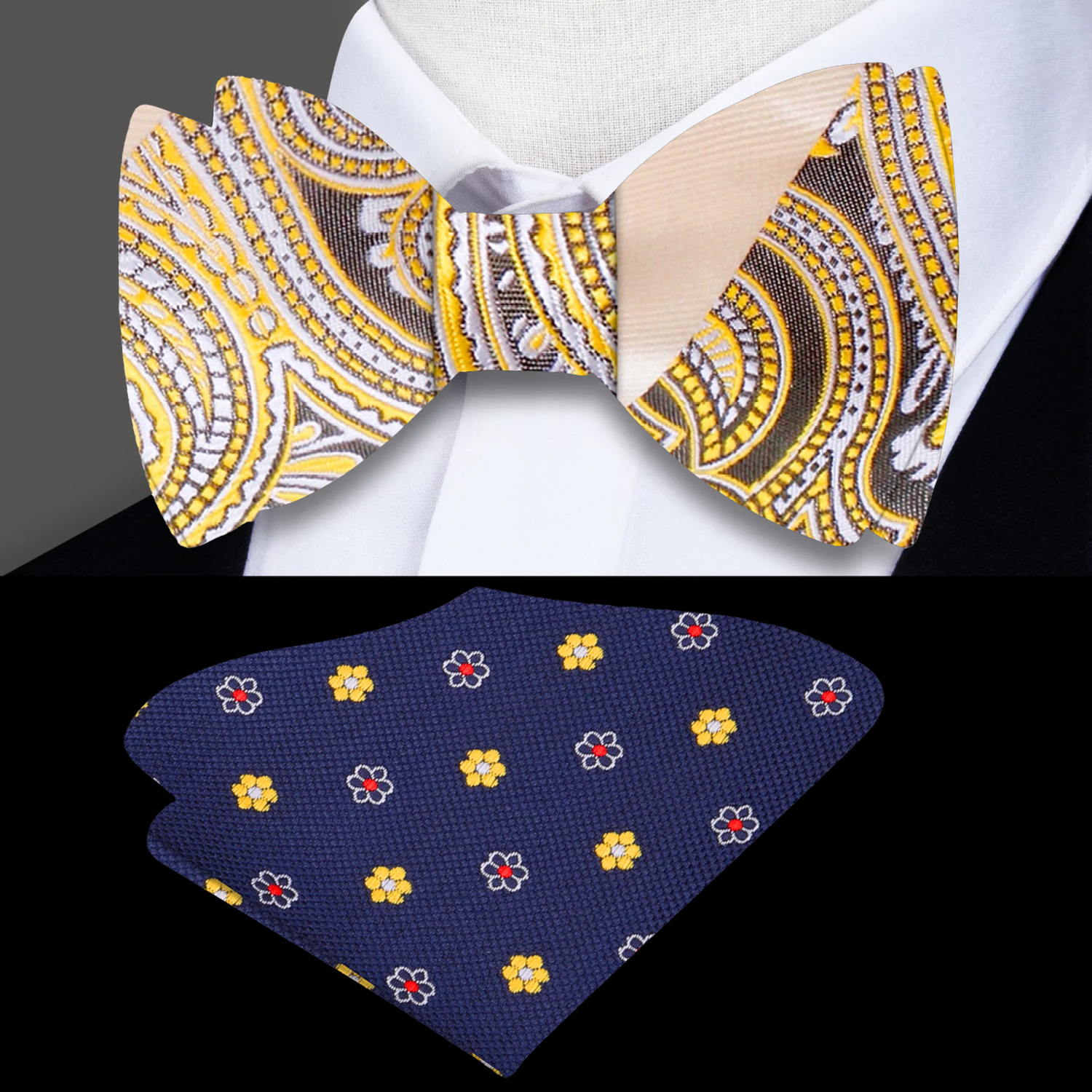 A Light Yellow, Shortbread Paisley and Stripe Pattern Self Bow Tie, Accenting Pocket Square