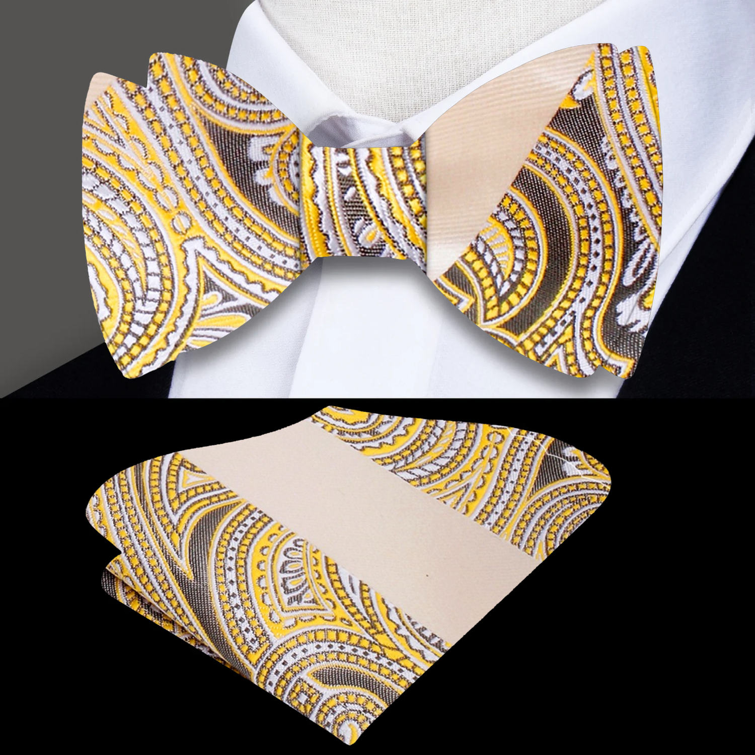 A Light Yellow, Shortbread Paisley and Stripe Pattern Self Bow Tie, Matching Pocket Square