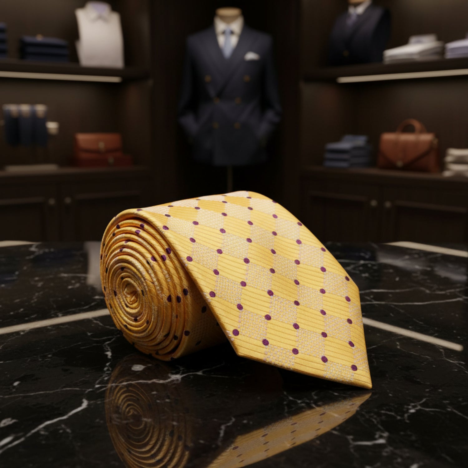 Rolled yellow tie with purple dots on a dark marble surface, with a glass of whiskey and a mirror in the background.