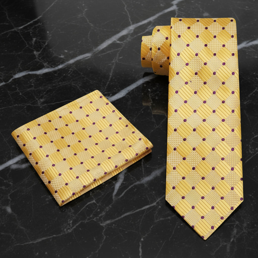 Yellow tie with purple polka dots and matching pocket square on a white background