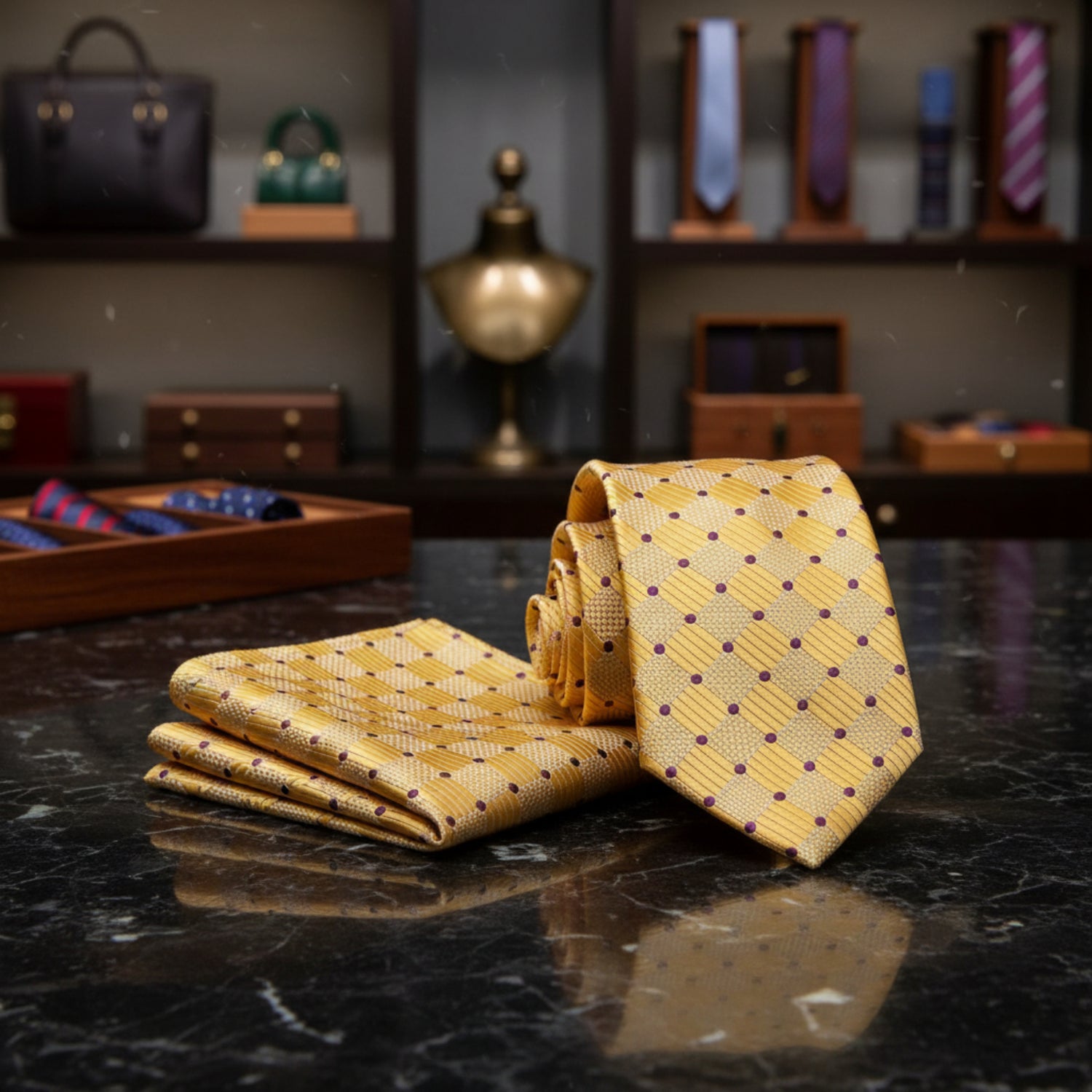 Yellow patterned tie and pocket square on a dark marble surface with a blurred background