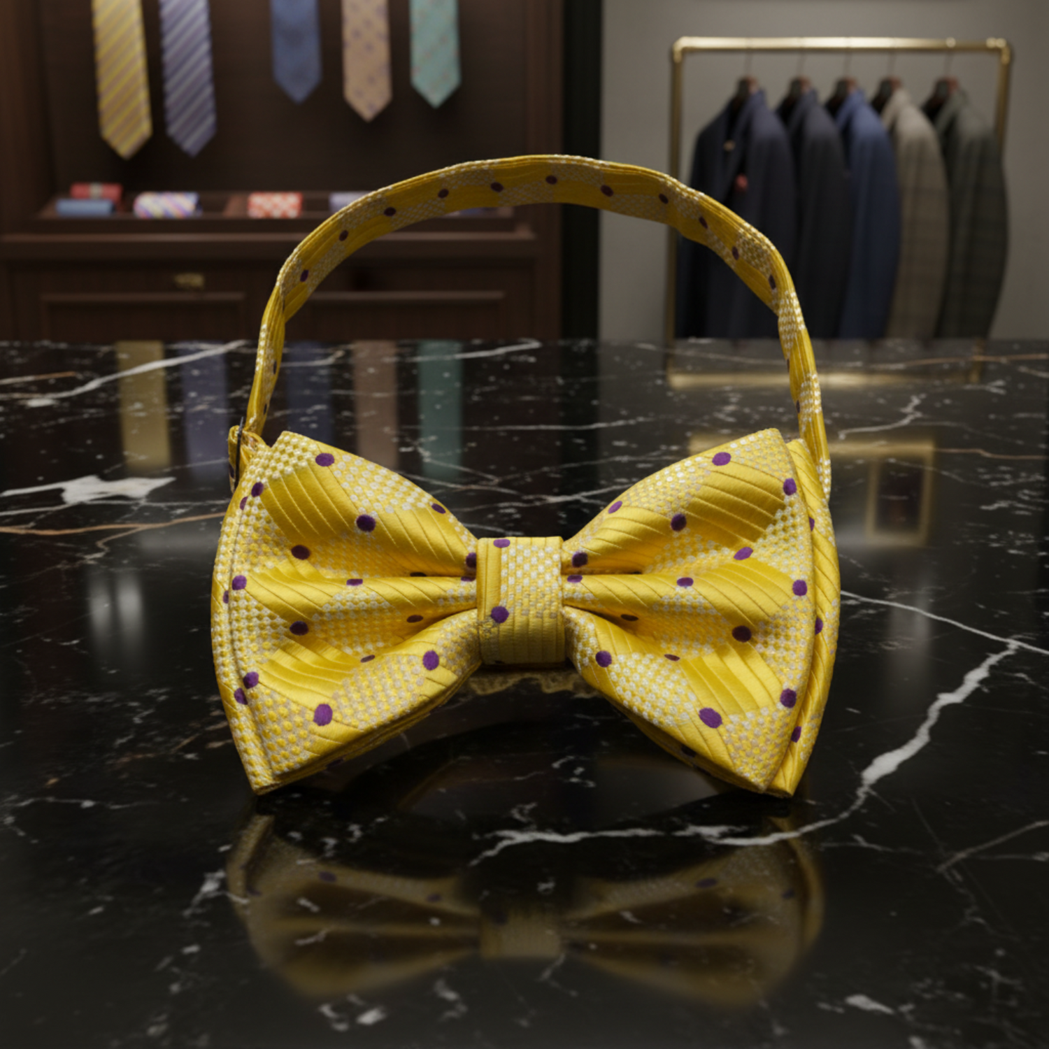 A Yellow, Purple Color With Geometric Texture and Small Dot Pattern Kids Pre-Tied Bow Tie, 
