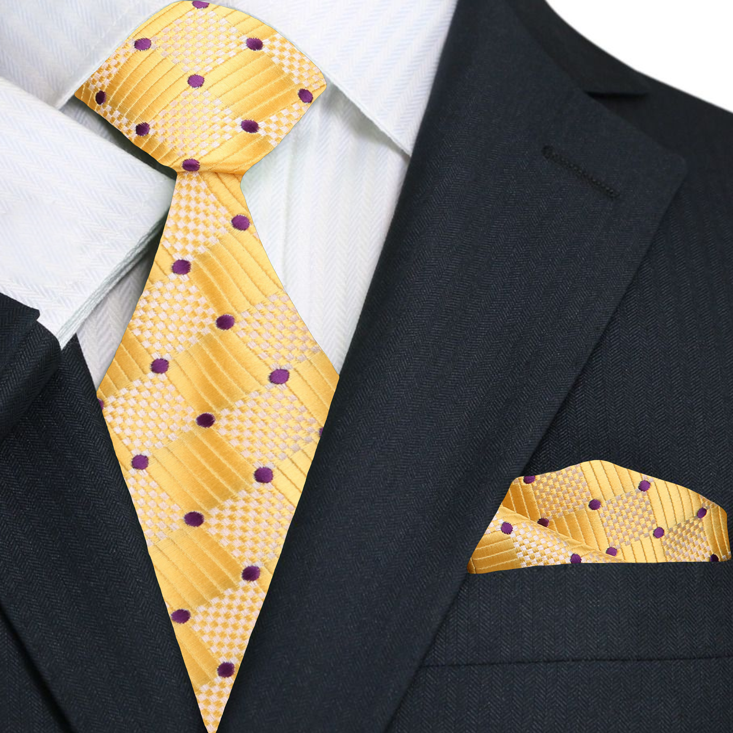 Yellow tie with purple dots and matching pocket square on a black suit jacket.