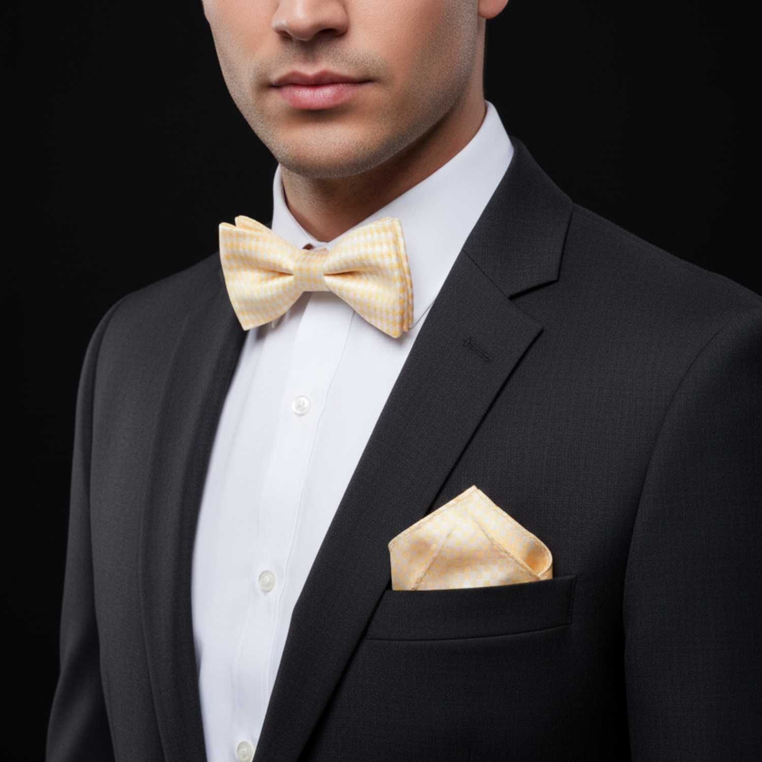 Man wearing yellow white check bow tie and square on suit