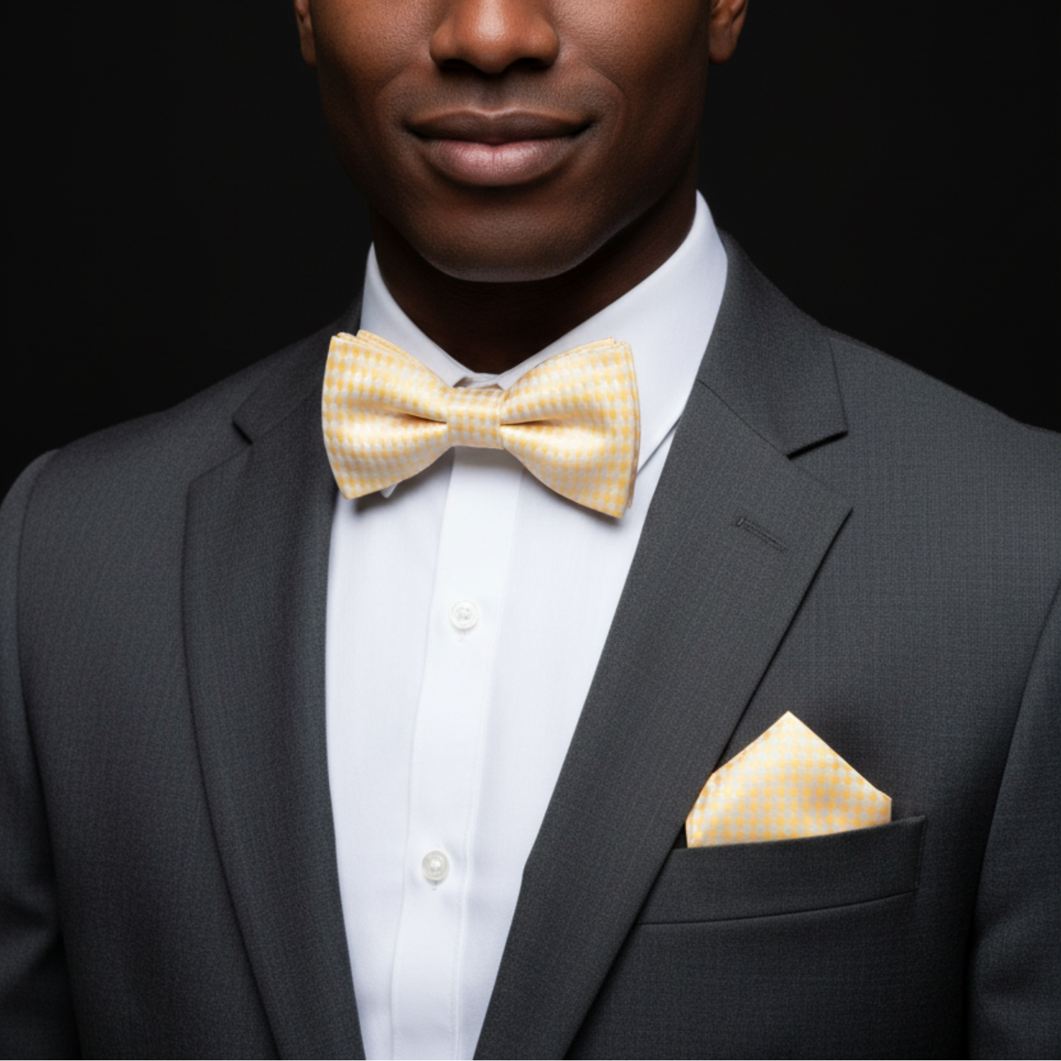 Man wearing a gray suit with a yellow bow tie and pocket square on a black background