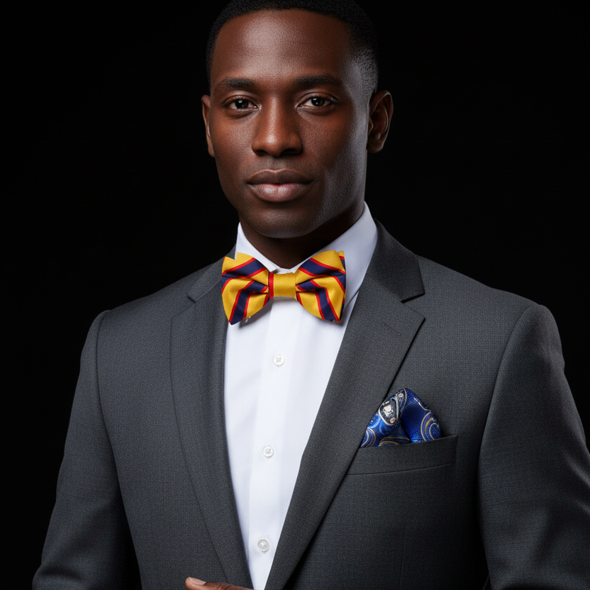 Man wearing a gray suit with a colorful bow tie on a black background