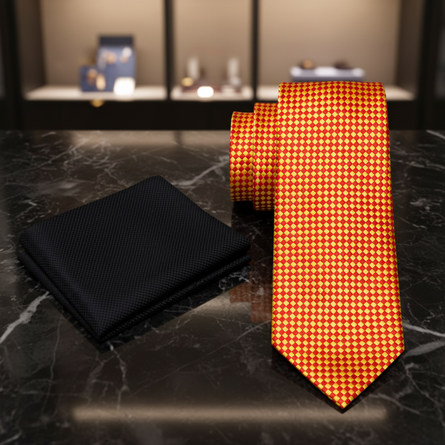 A men's necktie and matching pocket square set on a plain white background. The necktie has a bright orange and white houndstooth pattern, and the matching pocket square is solid black.