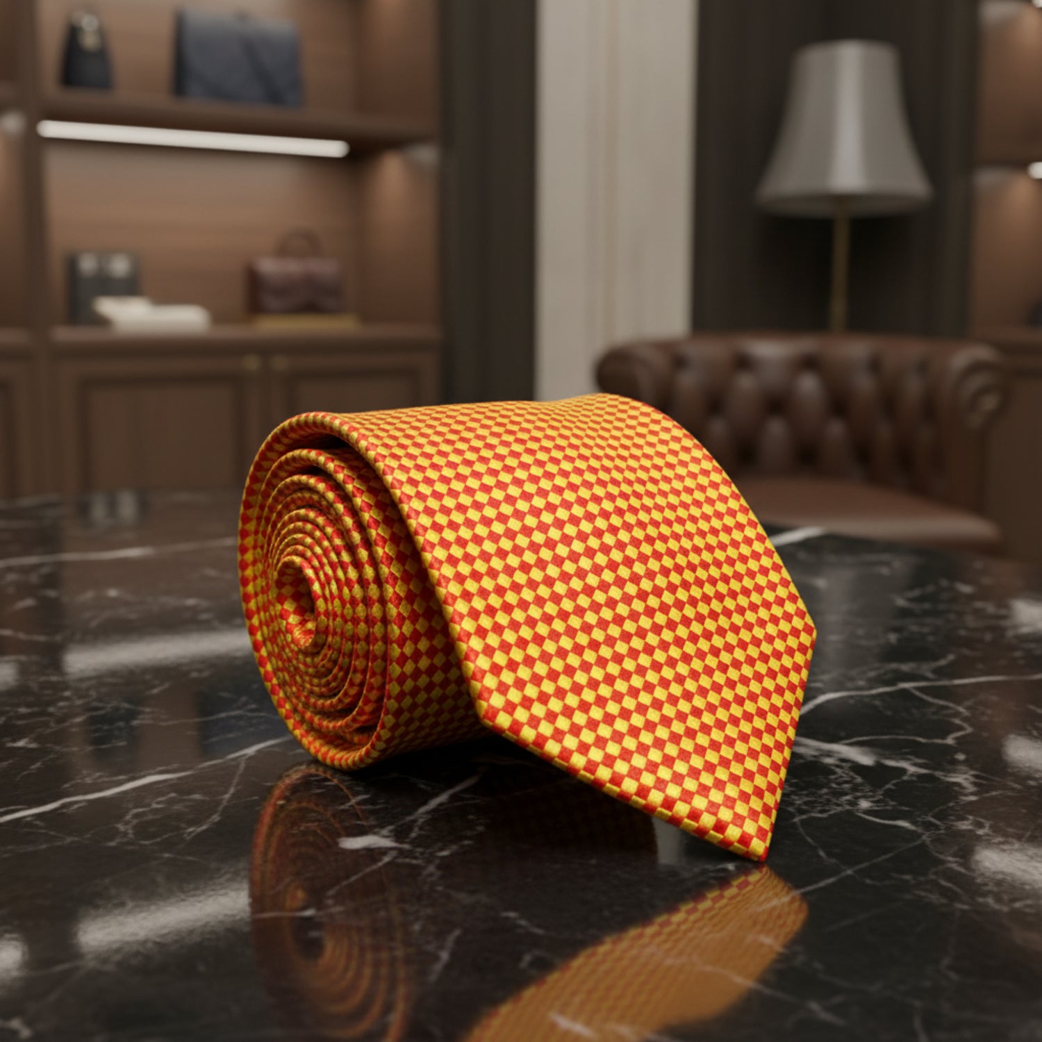 Red and yellow checkered tie on a white background