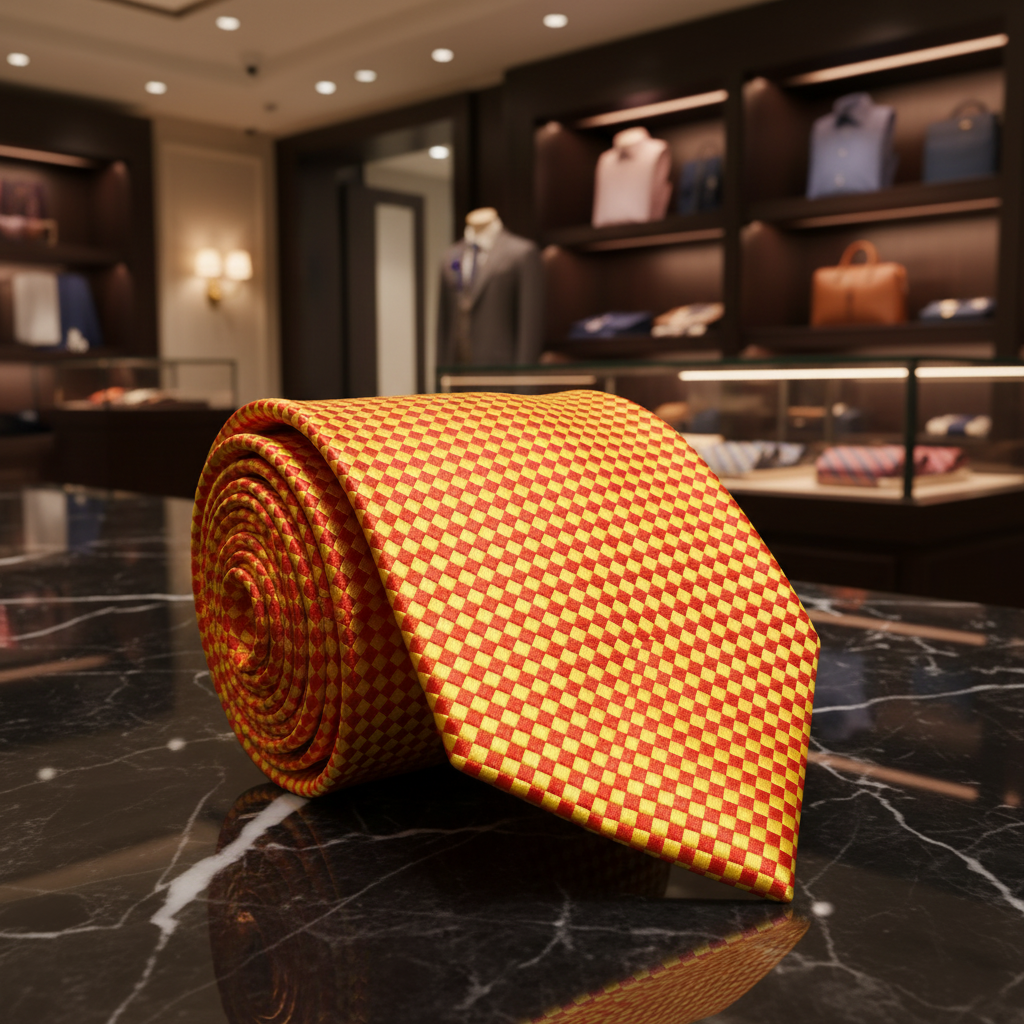 A rolled necktie with a yellow and orange geometric pattern, displayed on a black marble countertop inside a luxury clothing boutique.