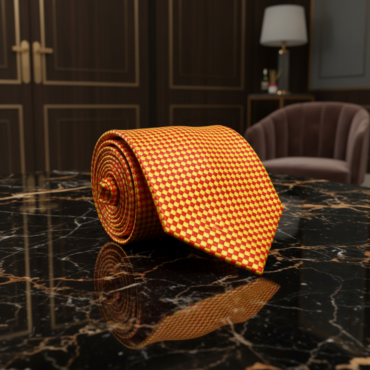 A rolled necktie with a red and yellow checkered pattern sits on a polished black marble table, with a blurred upscale interior featuring dark wood paneling and a pink armchair in the background.