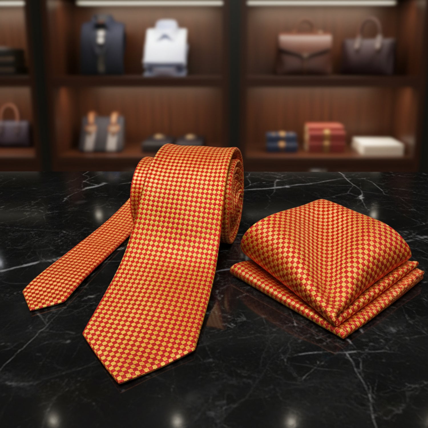 Red and yellow checkered tie and pocket square set on a white background