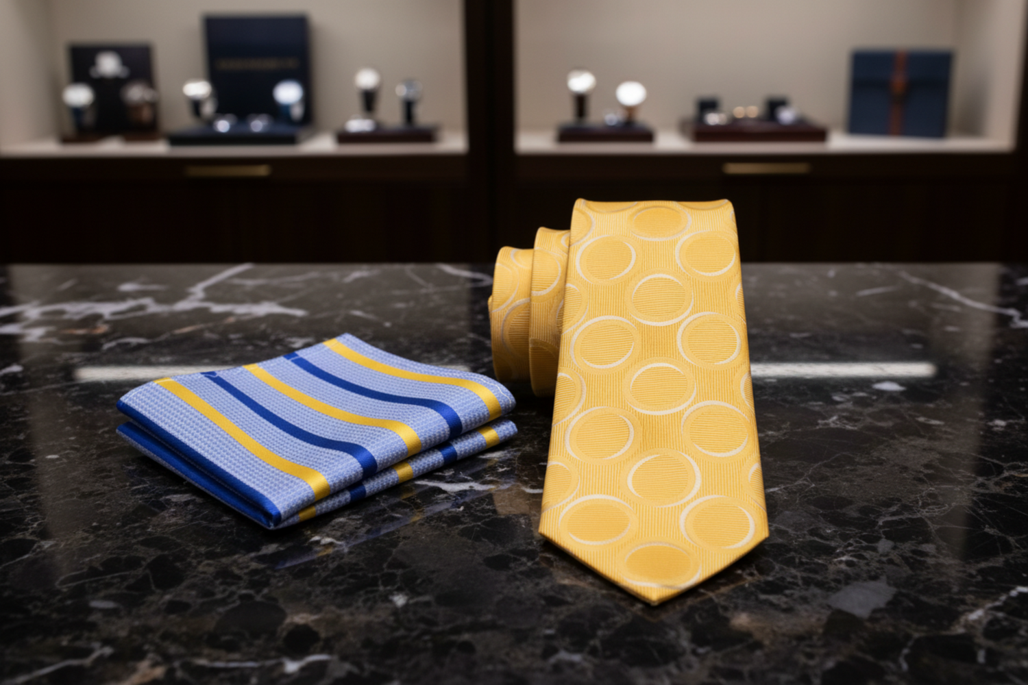 Alt View: Yellow and White Rings Necktie with Light Blue, Blue, Yellow Stripe Square