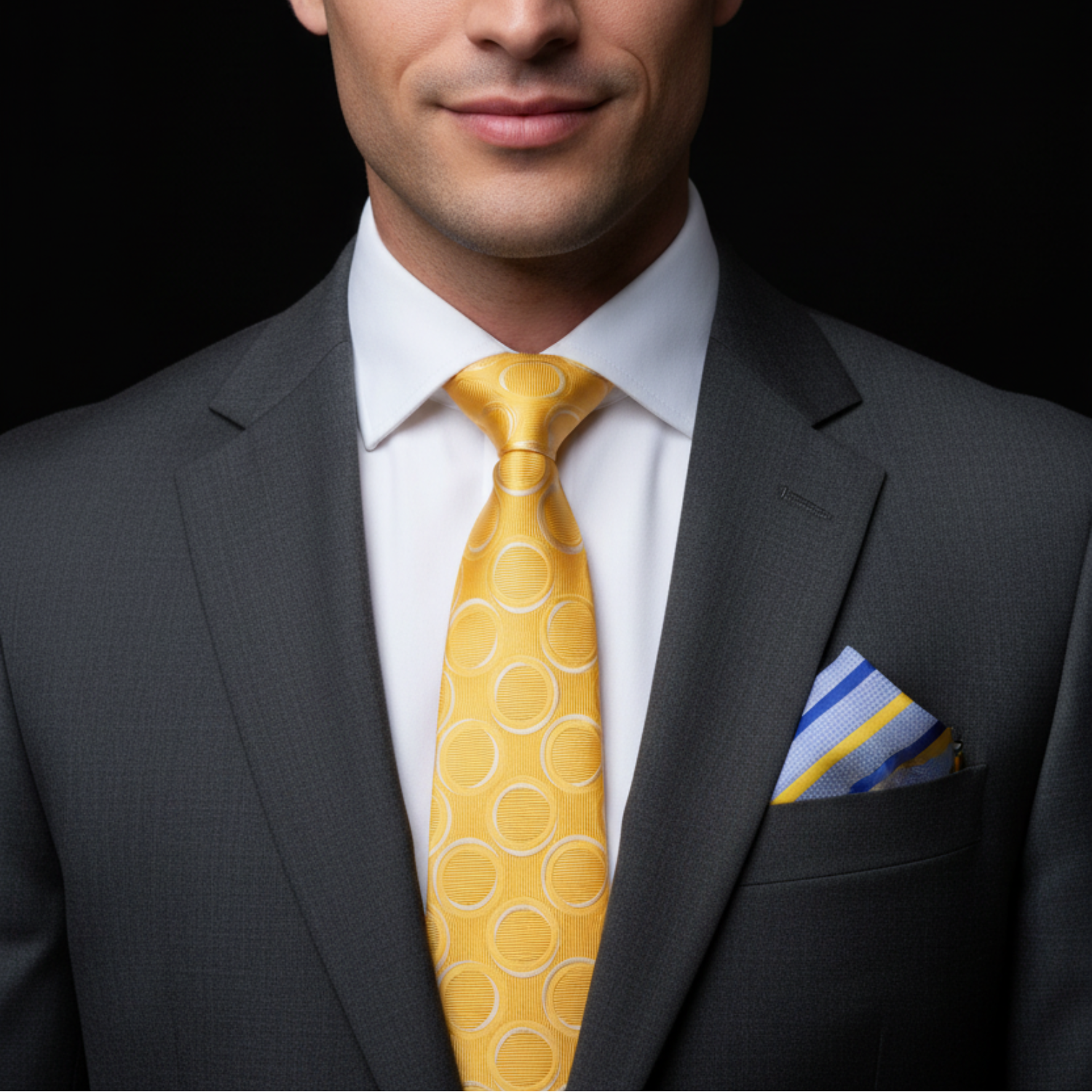 Man wearing a gray suit with a yellow tie and striped pocket square on a black background