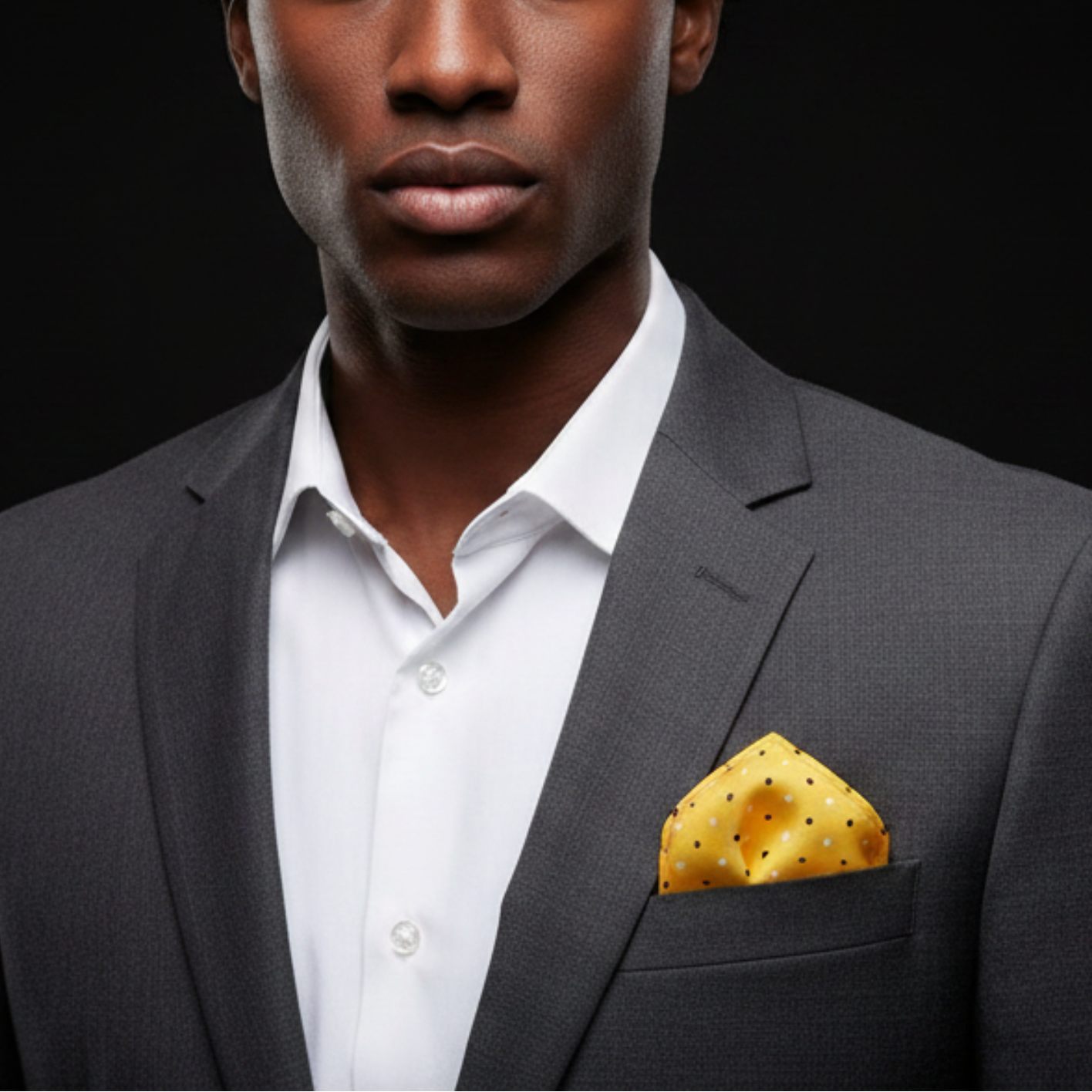 Man wearing a gray suit with a yellow pocket square against a black background
