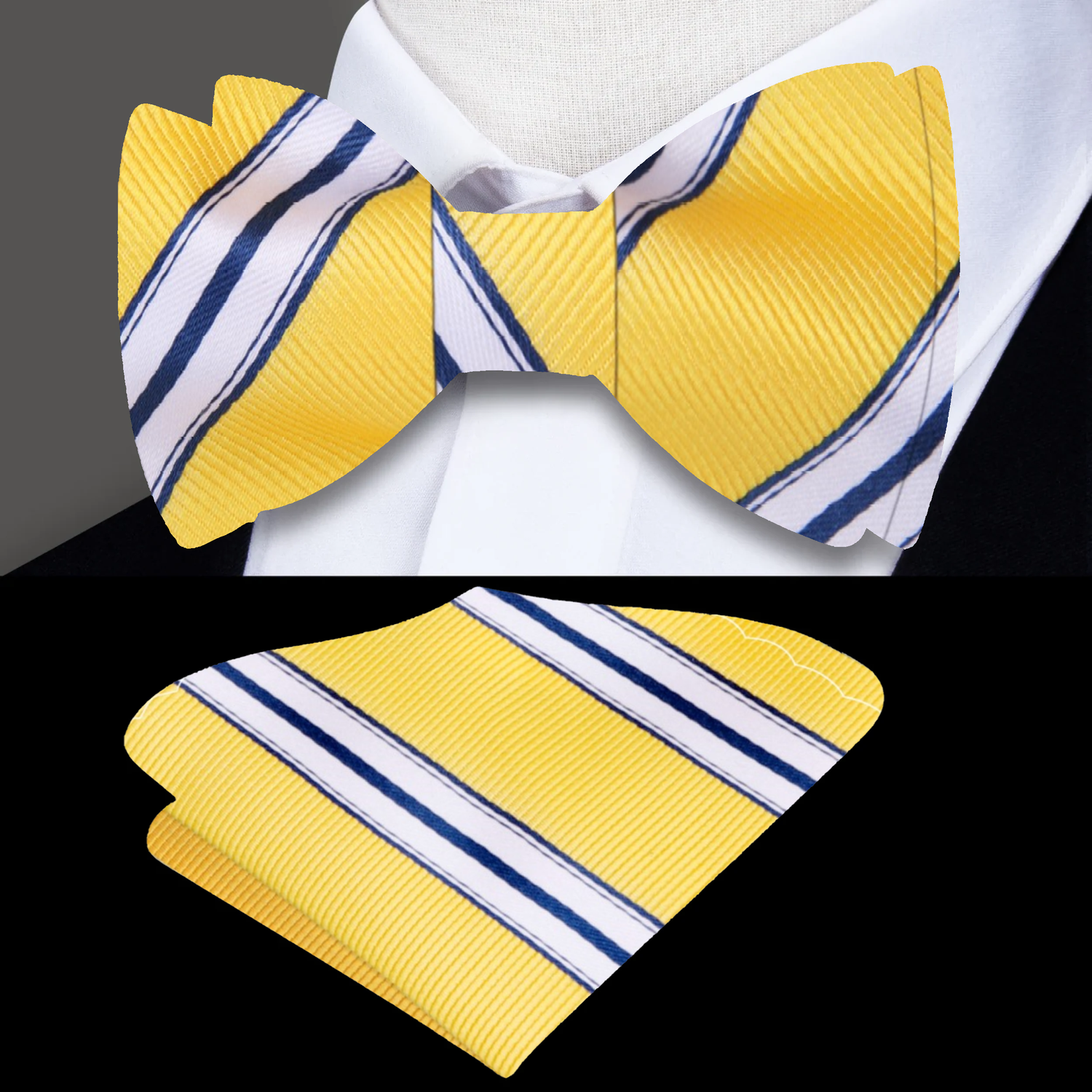 Yellow, White Stripe Bow Tie and Pocket Square
