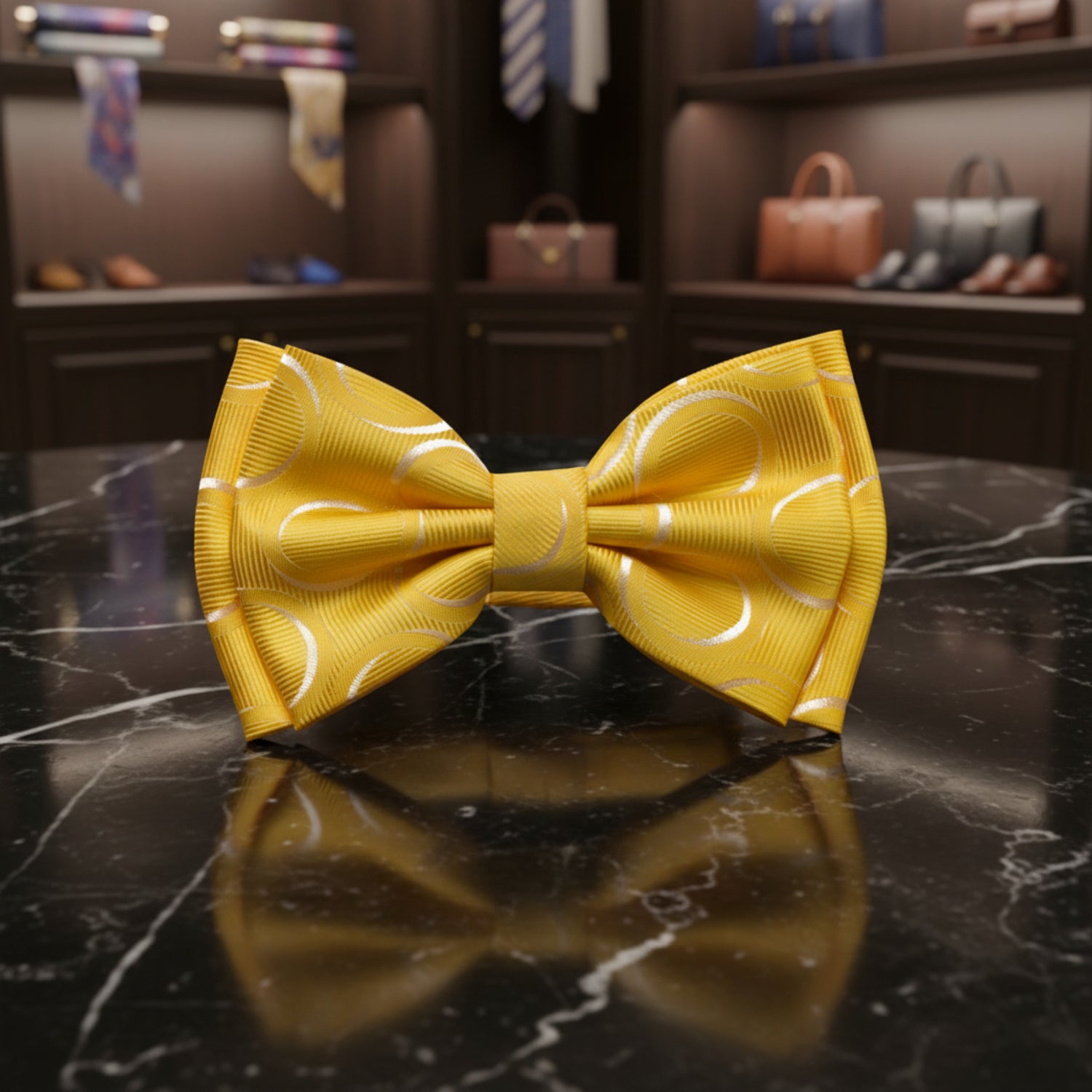 A yellow pre-tied bow tie with a white abstract swirl pattern, shown against a plain white background.