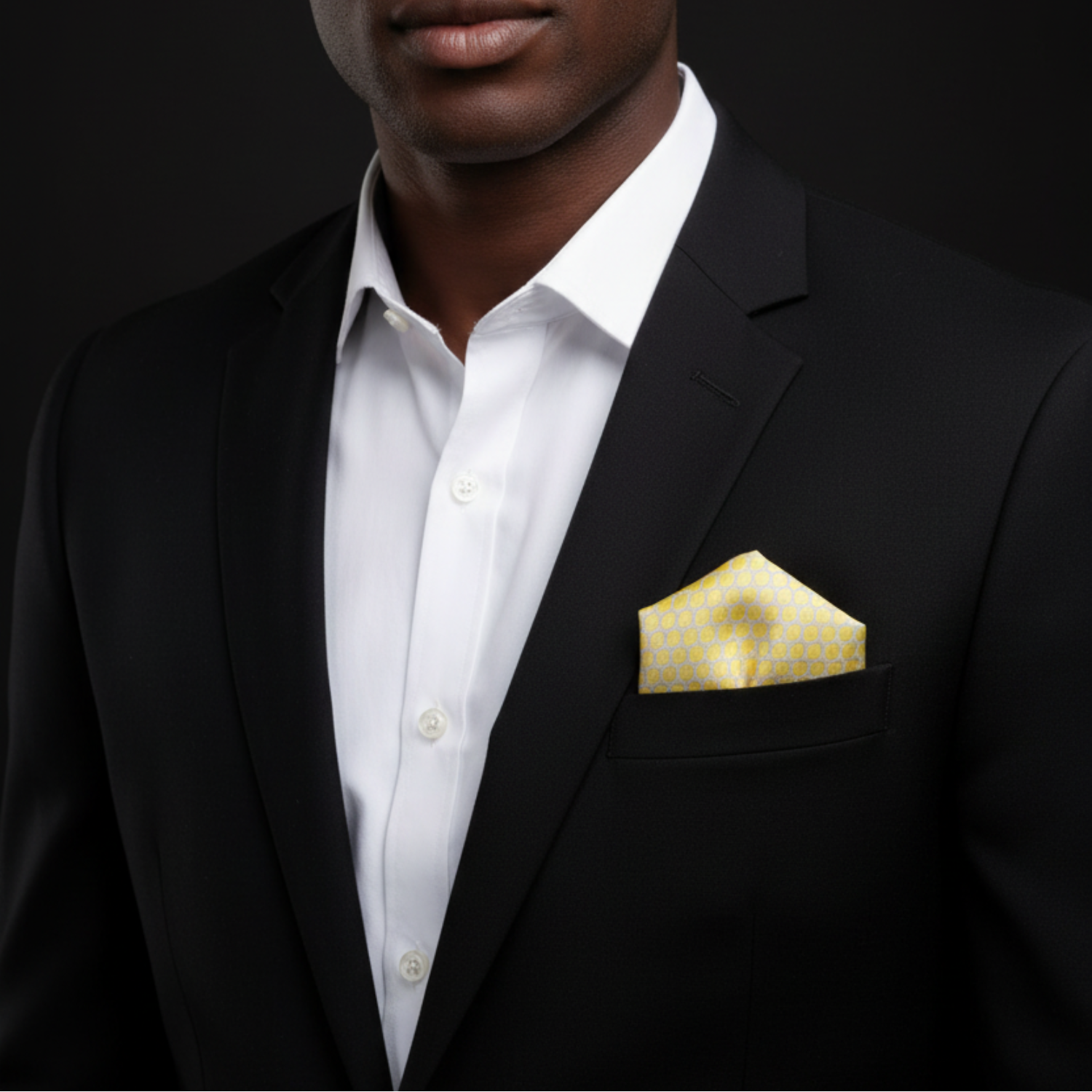Man wearing a black suit with a white shirt and yellow patterned pocket square on a dark background