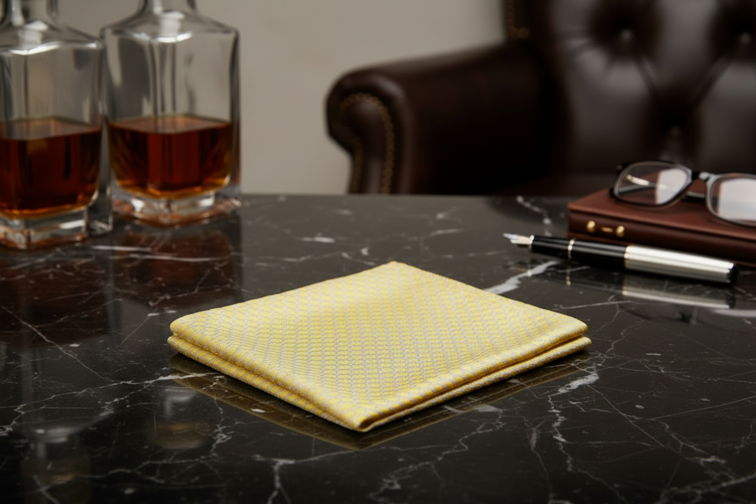 Yellow cloth on a dark marble surface with glasses and a pen in the background
