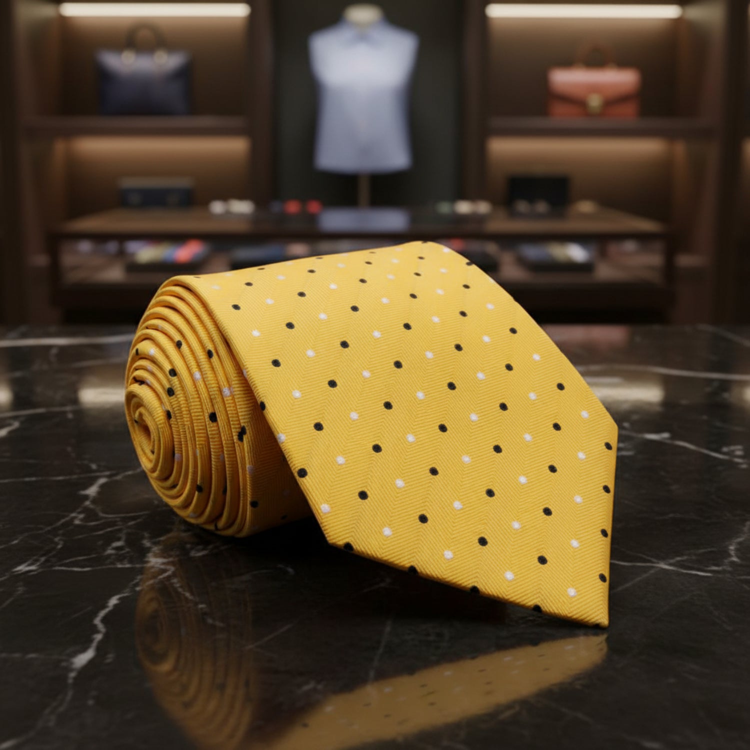 Yellow, Black, White Polka Necktie  