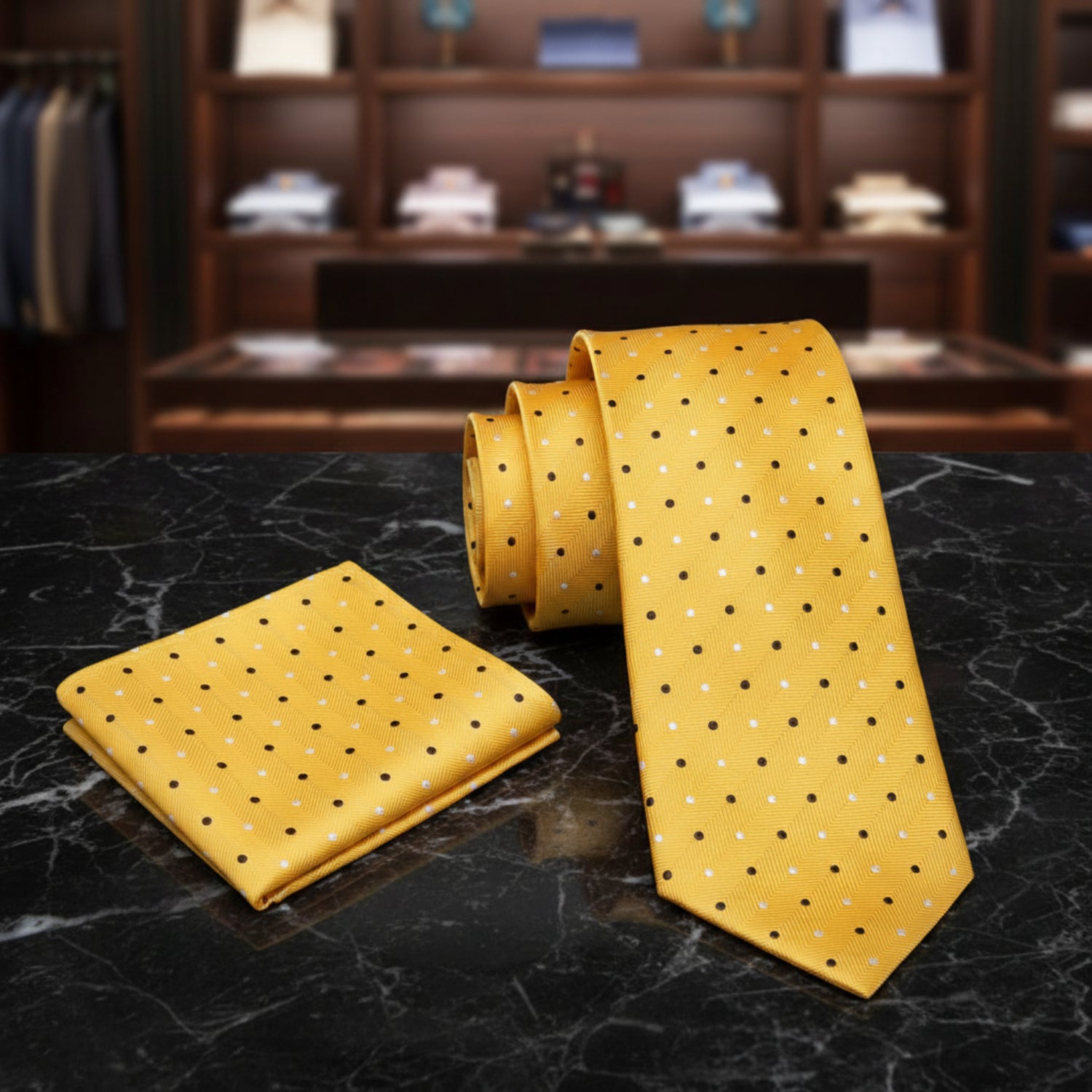 View 2: Yellow, Black, White Polka Necktie and Square