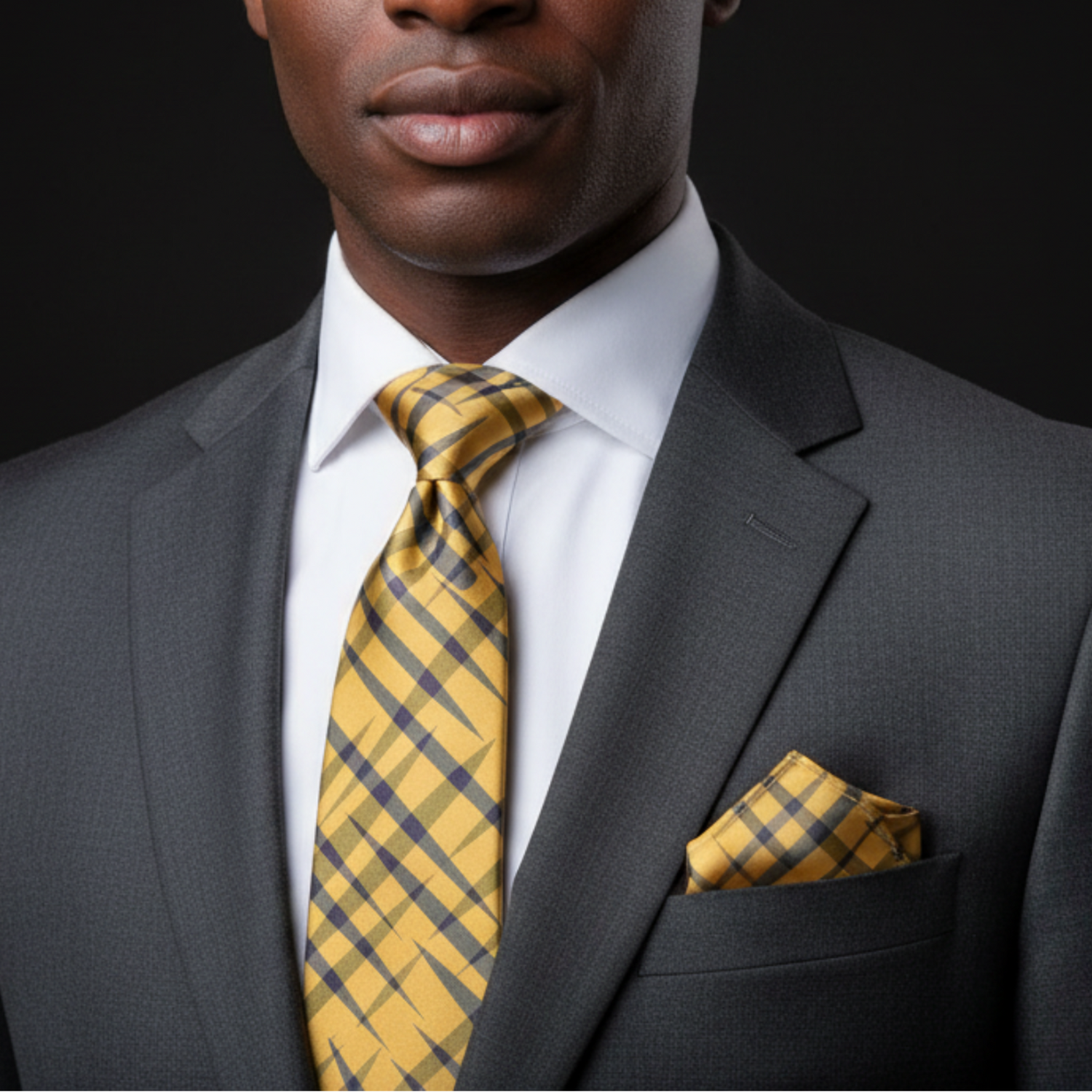 Man wearing a gray suit with a yellow plaid tie and pocket square against a black background