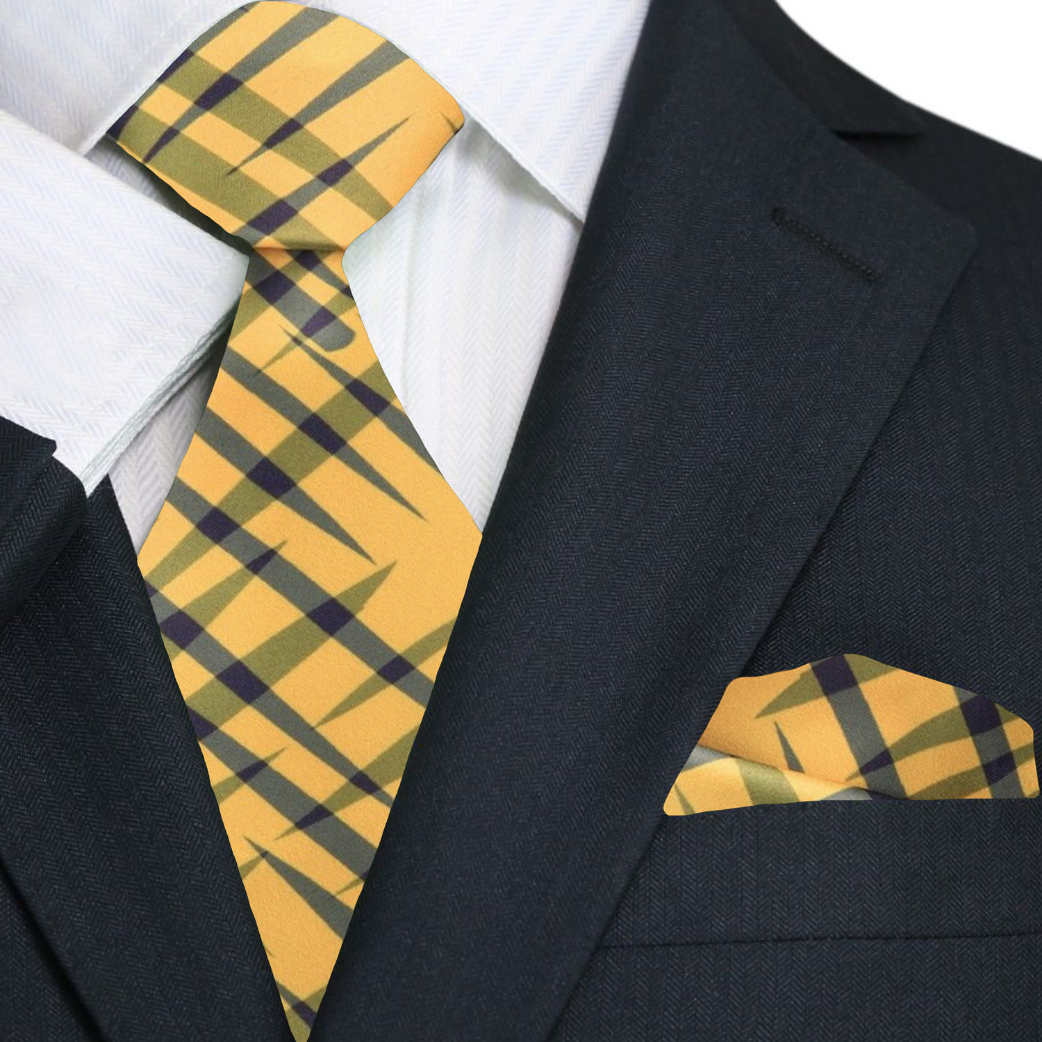 Solar Yellow Abstract Plaid Necktie with Grey and Navy Detail