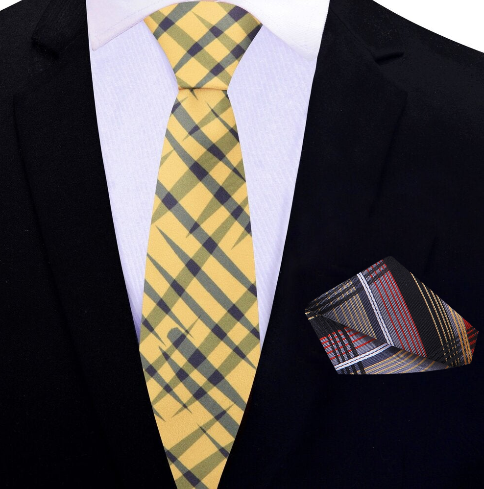 thin Solar Yellow with Grey Plaid Tie and accenting Pocket Square
