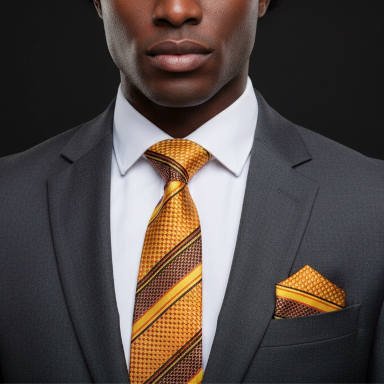 Man wearing a gray suit with a yellow patterned tie and pocket square on a black background