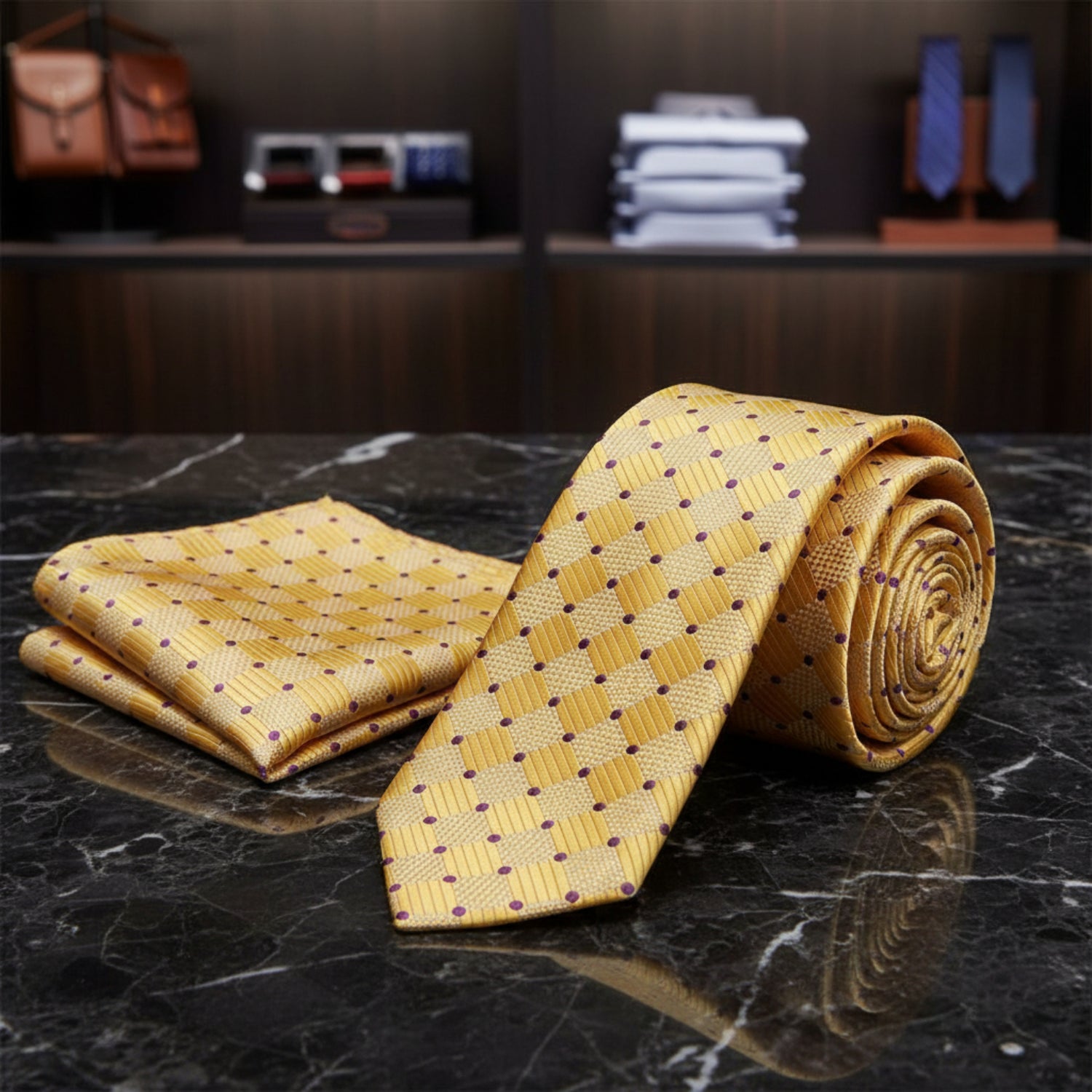 Alt: Yellow, Purple Geometric Necktie and Square