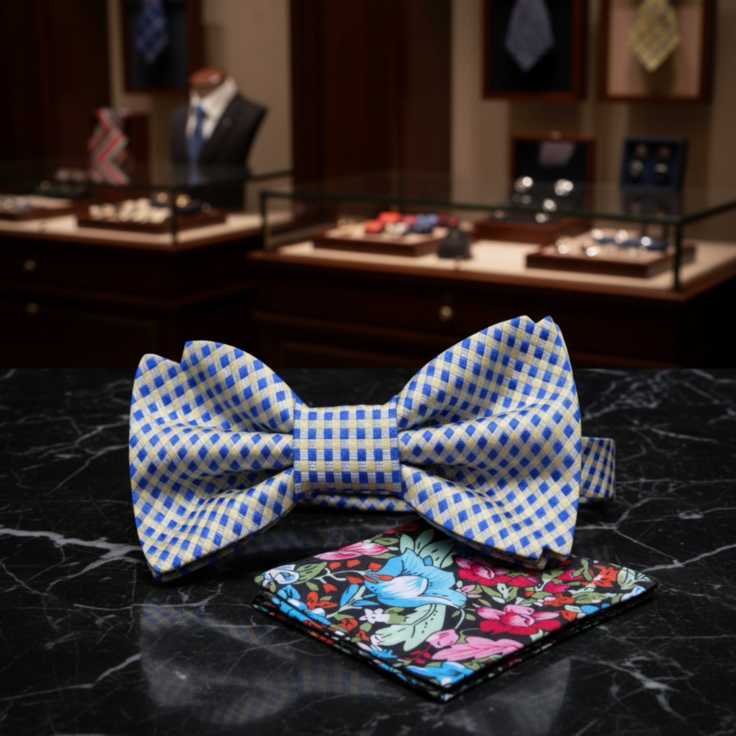 Yellow and Blue Small Checks Bow Tie and Accenting Pocket Square
