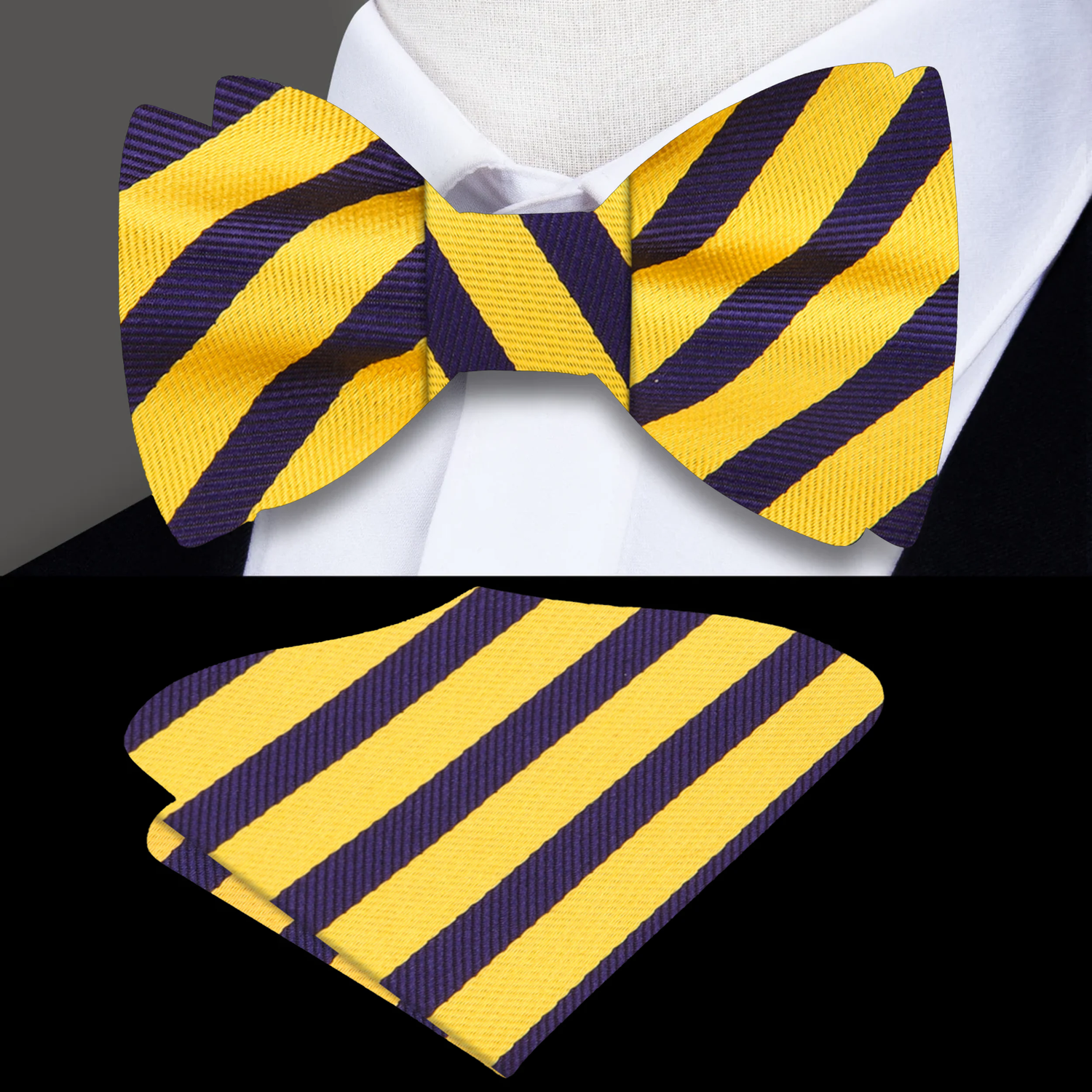 Main View: A Yellow And Dark Blue Striped Pattern Self Tie Bow Tie With Matching Pocket Square||Golden Yellow, Blackish Blue