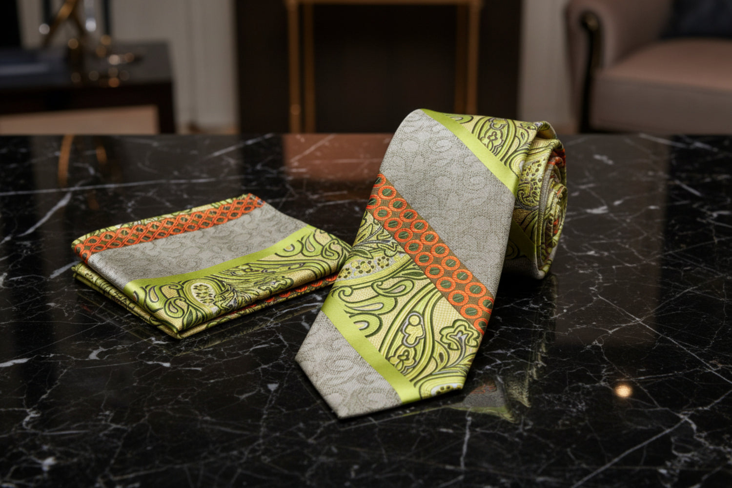 Alt Yellow and Orange Paisley Necktie and Matching Square
