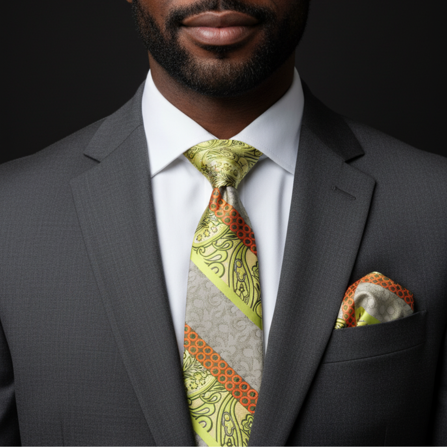 Man wearing a gray suit with a colorful tie and pocket square against a black background