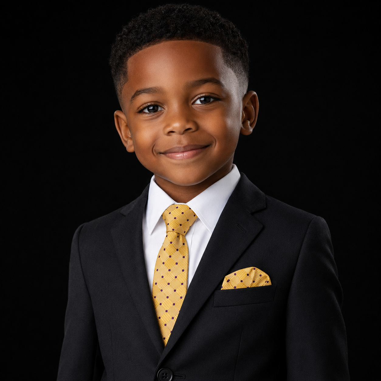 Young boy in a black suit with a yellow tie and pocket square on a black background