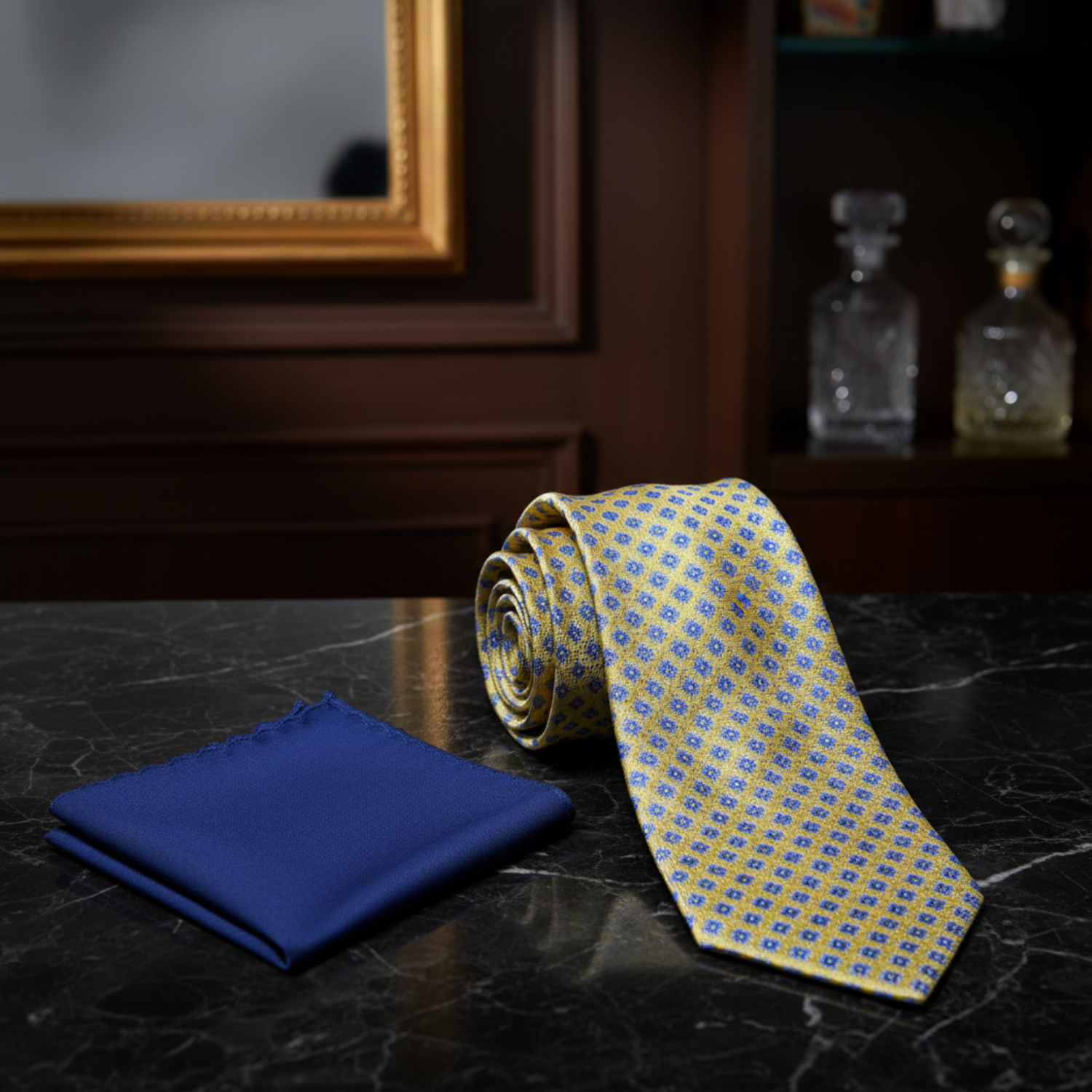 Alt Yellow, Blue Diamonds Necktie and Blue Square