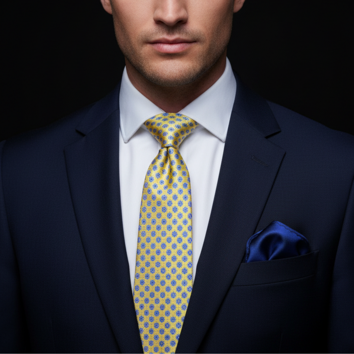 Man wearing a navy suit with a yellow patterned tie and blue pocket square on a black background
