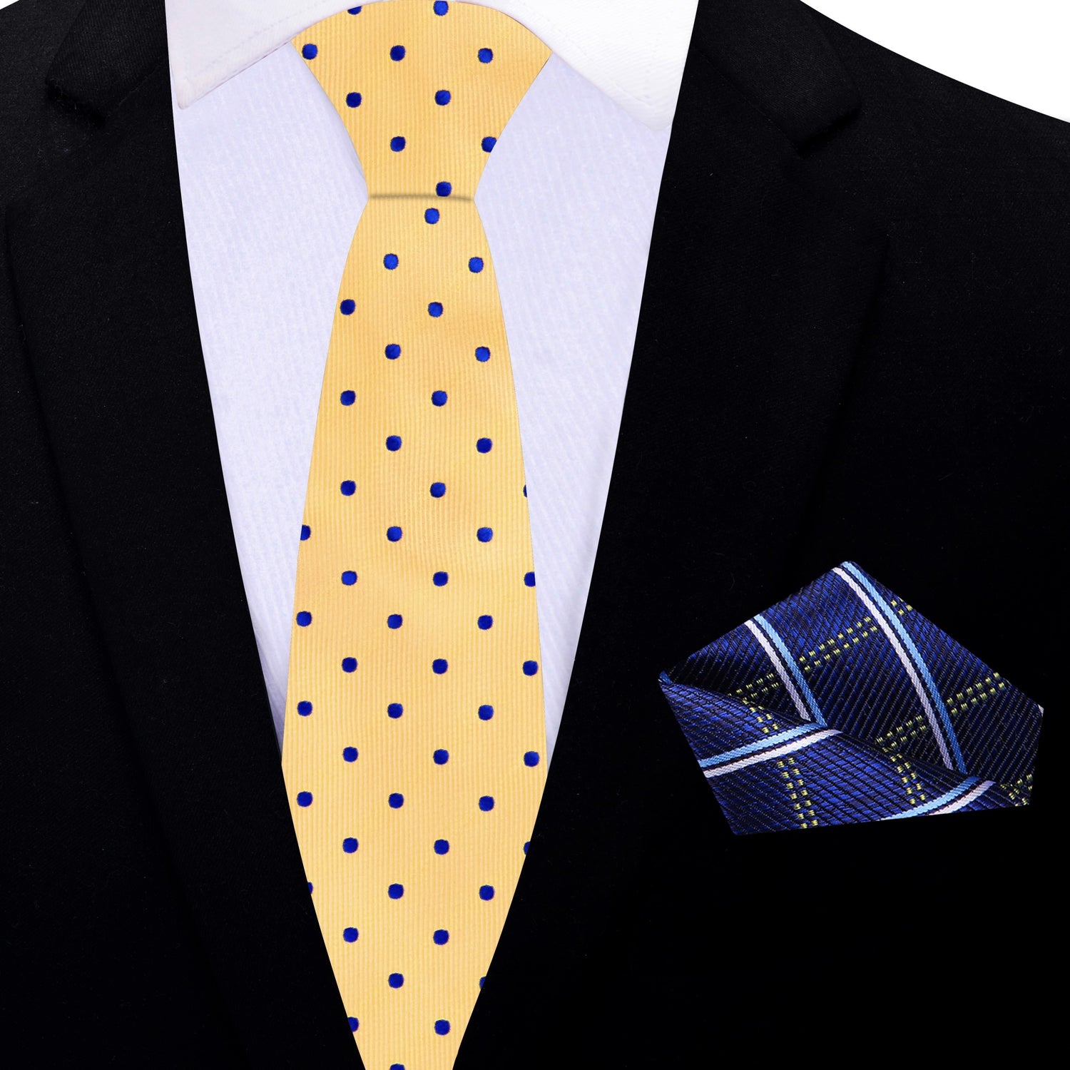 Thin Tie: Yellow with Blue Dots Necktie and Blue, White, Yellow Plaid Square