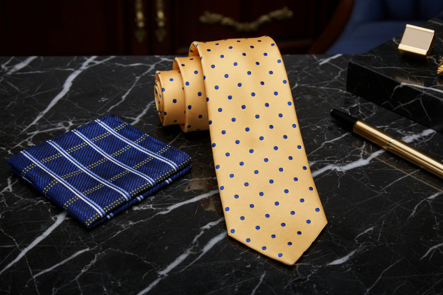 Alt View: Yellow with Blue Dots Necktie and Blue, White, Yellow Plaid Square