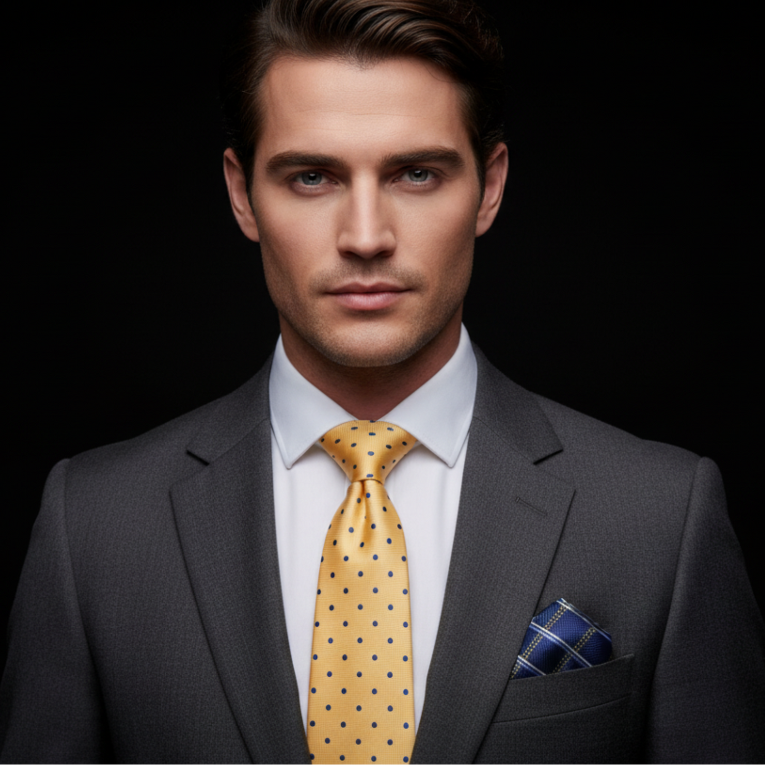 Man wearing a gray suit with a yellow polka dot tie and blue pocket square on a black background