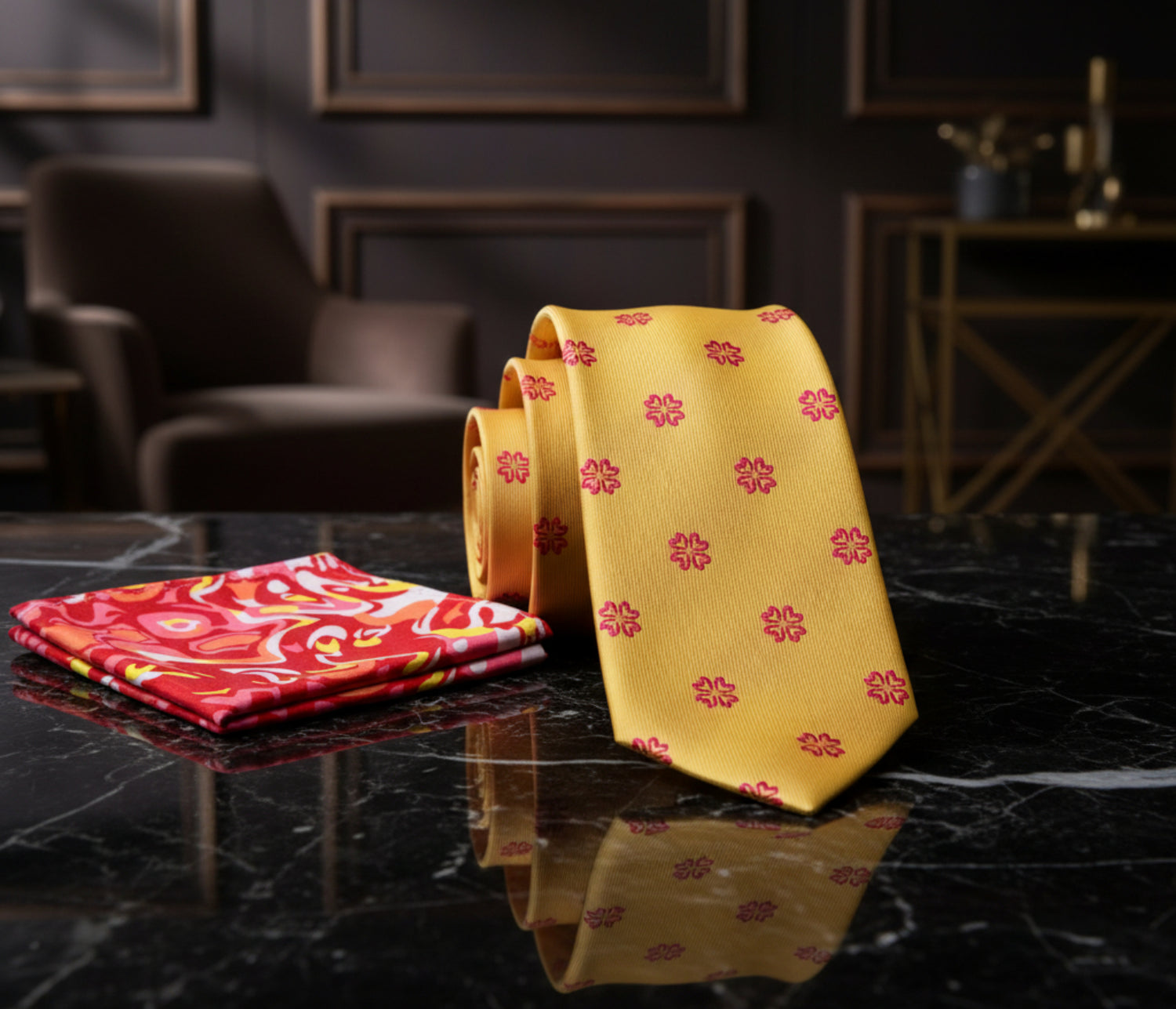 Alt View: Yellow, Red Clovers Tie and Accenting Square