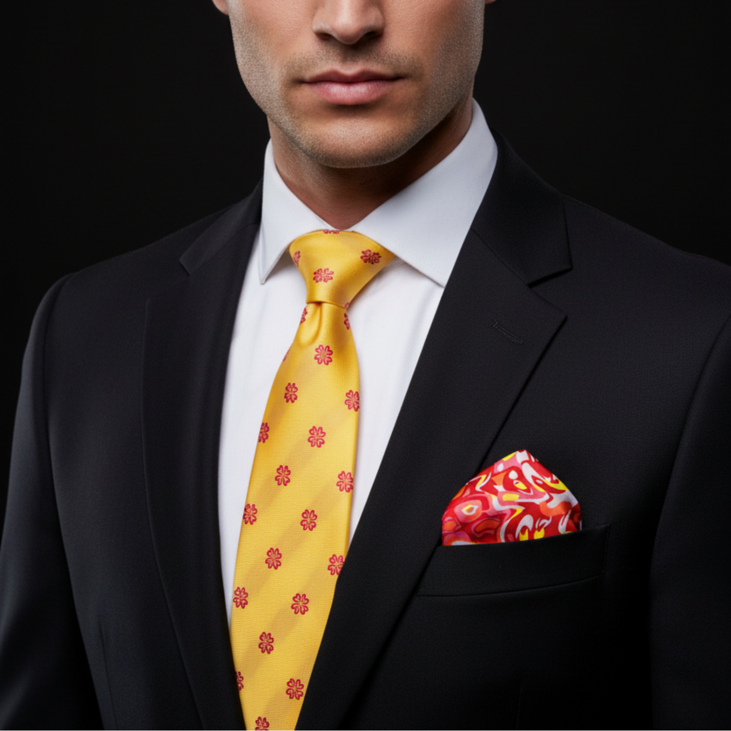 Man wearing a black suit with a yellow tie and red pocket square against a black background