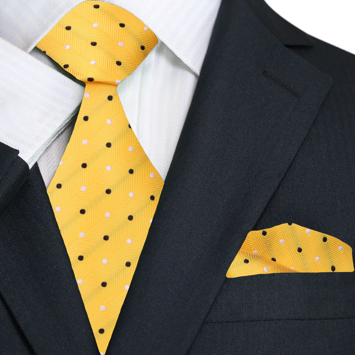 A Yellow, White, Black Polka Dot Pattern Necktie, Matching Pocket Square||Yellow with Black, White Dots